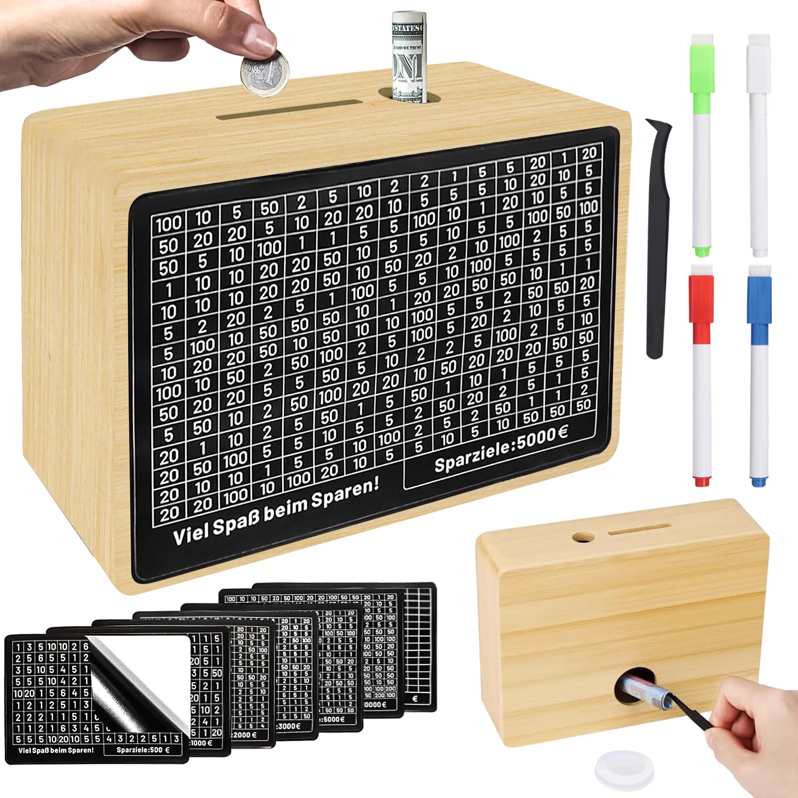 Outtshop Spardose Holz, Sparbox mit Zahlen Ankreuzen, €500 €1,000 €2,000 €3,000 €5,000 €1,0000 Wiederverwendbar spardose, Geeignet für Kinder und Erwachsene Keine, Montage erforderlich (Braun)