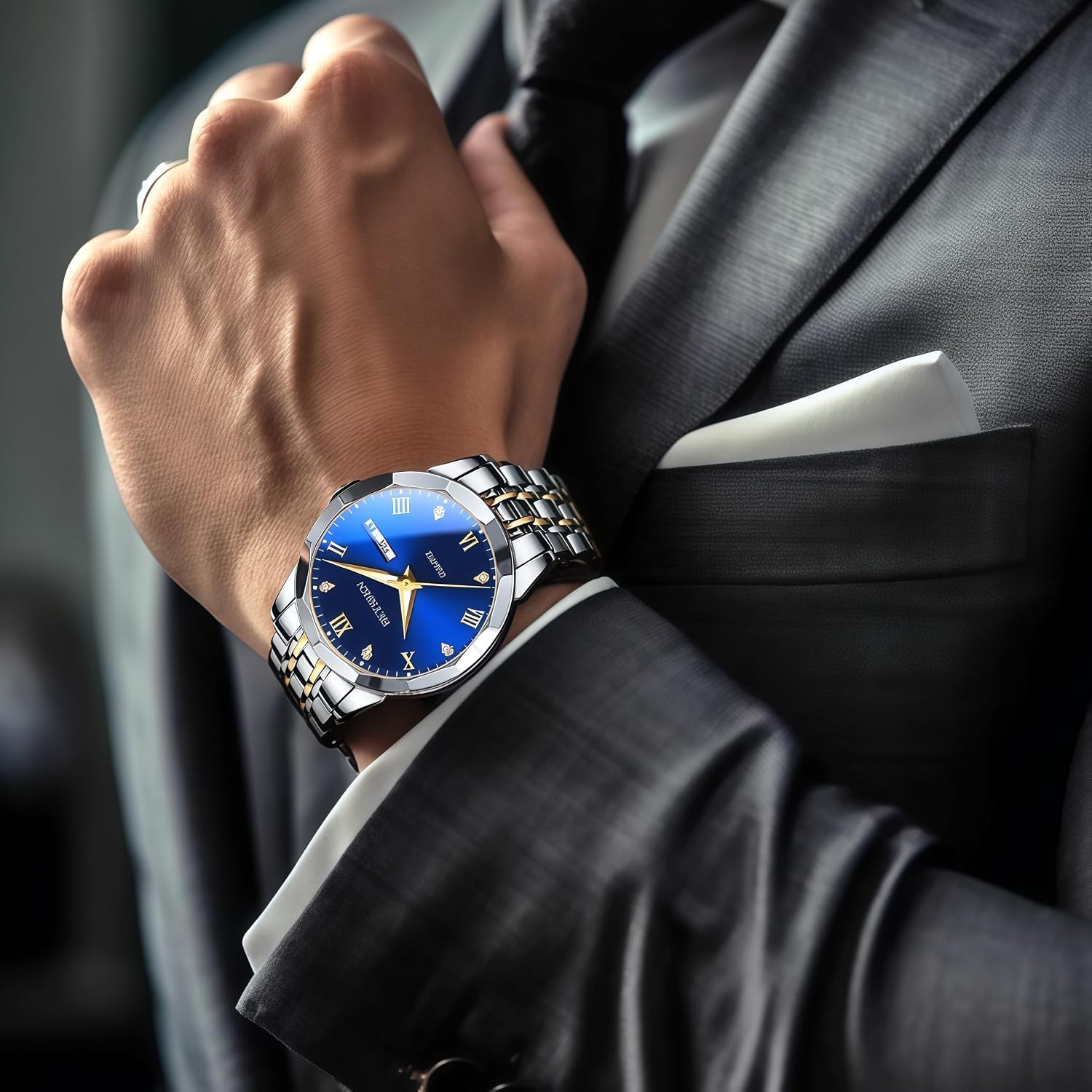 Vintage Watches for Men Big Face Stainless Steel Dress Business Luminous Roman Diamond Dial Watch with Day-Week and Waterproof Relojes para Hombres for Mens Gifts