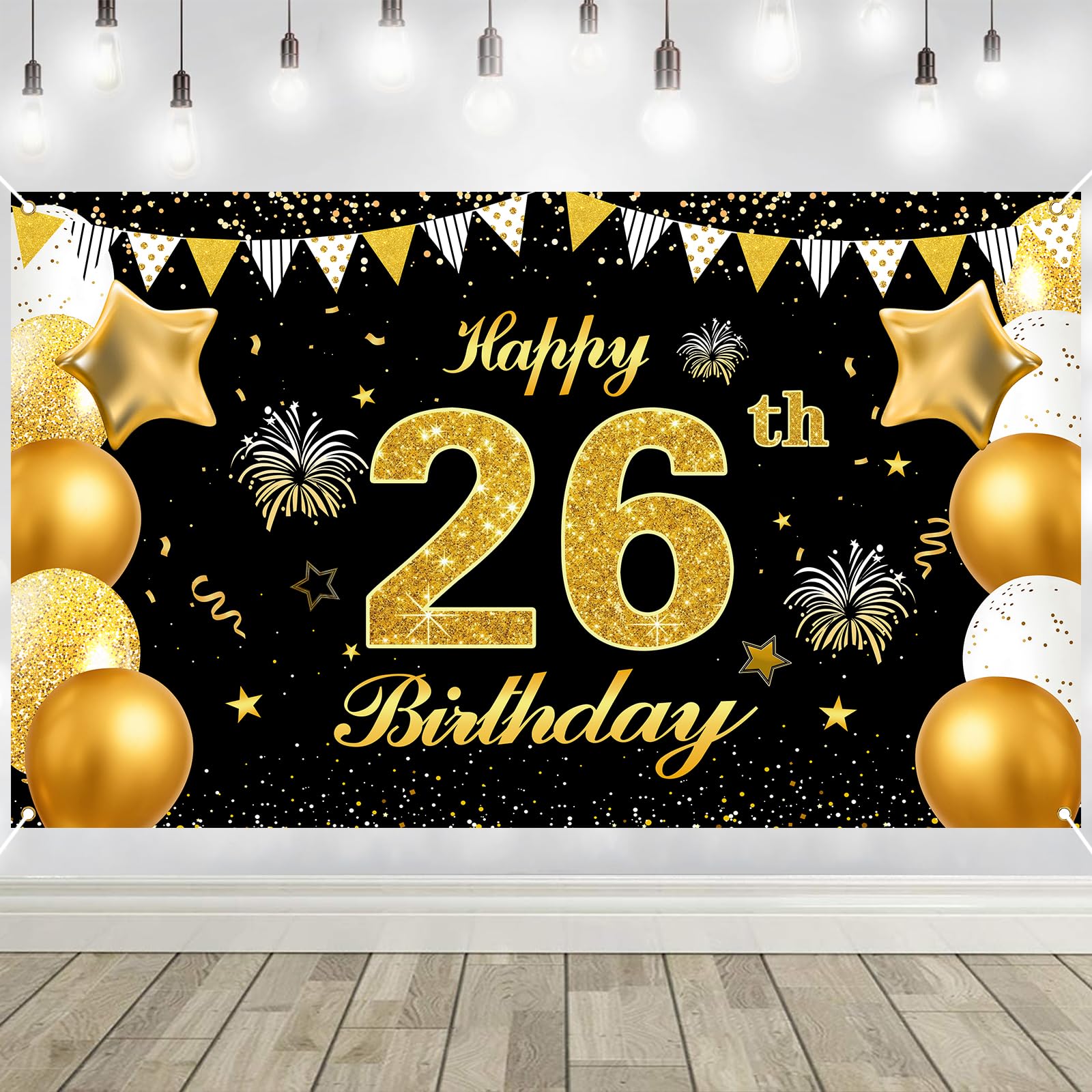 26th Birthday Decorations Banner Gold Black Happy Birthday Door Banner for Party Photo Backdrop for Men Women Home Outdoor Cover Party Decoration Supplies Poster — image 1