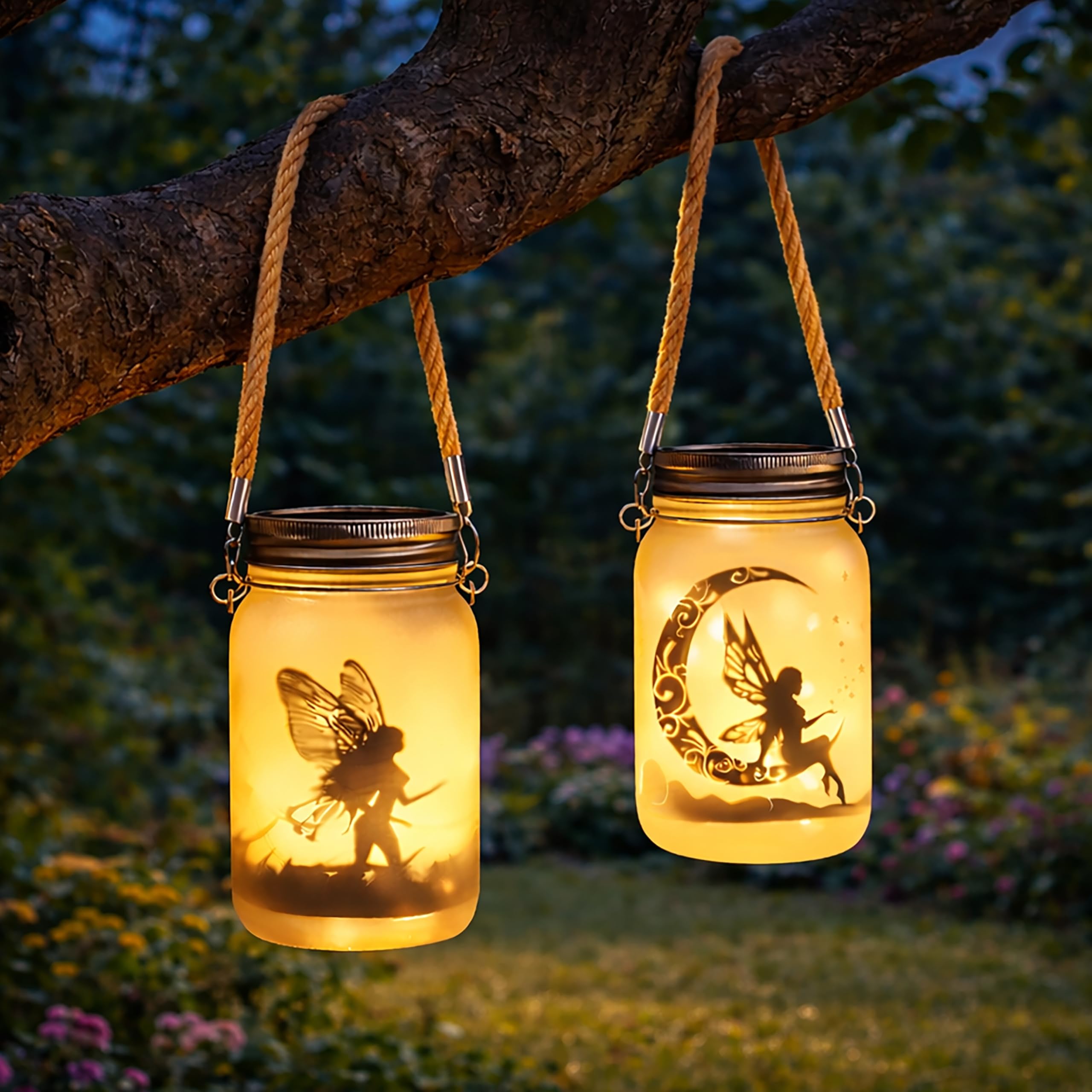 Garden Mile Fairy Jar Solar Lights Set Of 2 – Hanging Solar Lantern Mason Jar Lights With Fairy Silhouette Designs, Outdoor Garden Solar Lights With Rope Handle, Decorative Fairy Garden Lanterns, 13Cm