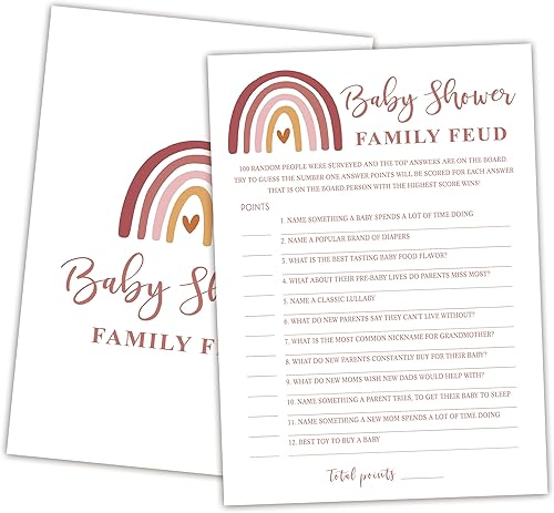 Juego de peleas familiares para baby shower, paquete de 30 tarjetas de juego, 1 clave de respuesta, juego de baby shower de arcoíris para niños y