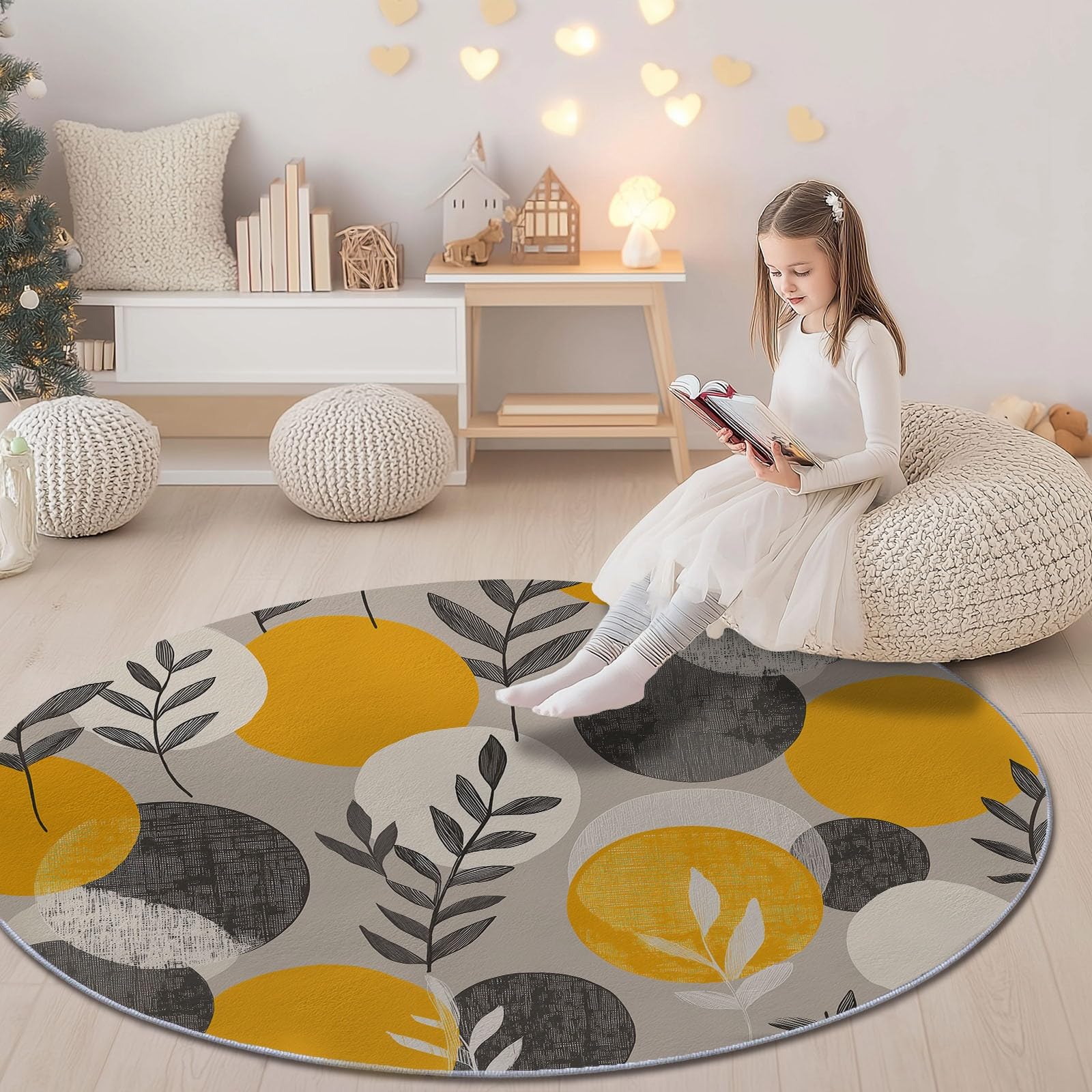 Grau Runder Teppiche Wohnzimmer 100 cm, Waschbar & Rutschfester Weicher Kurzflor Teppich Schlafzimme, Minimalistisch Kreis Geometrisch Pflanze Blatt Teppich Rund für Kinderzimmer, Esszimmer, Büro