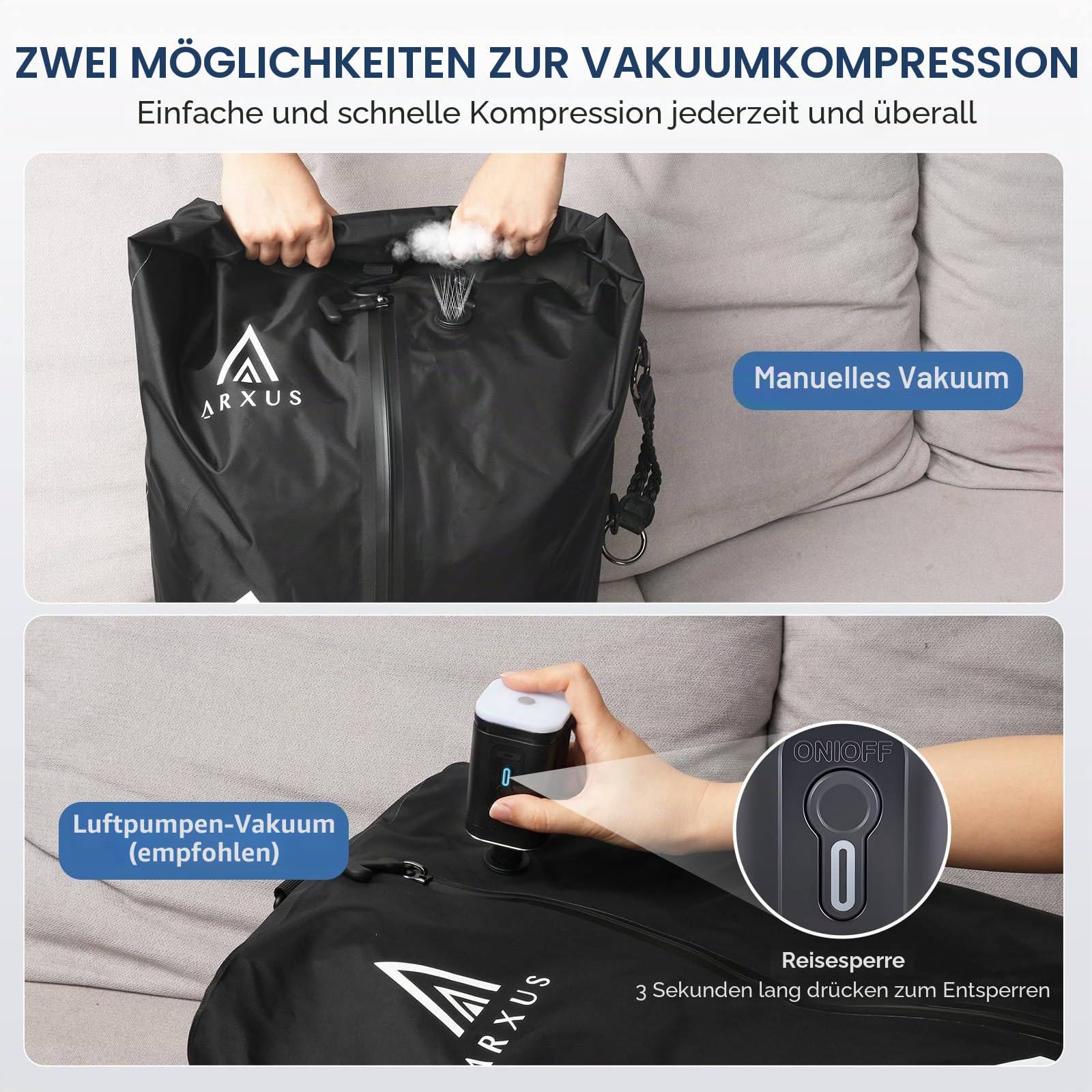 Arxus Vakuumbeutel für Kleidung Reise Packing Cubes Compression Organizer | IP67 Wasserdicht Vakuum Platzsparer mit Abnehmbare Schultergurt für Trolley Rucksack Koffer Organizer
