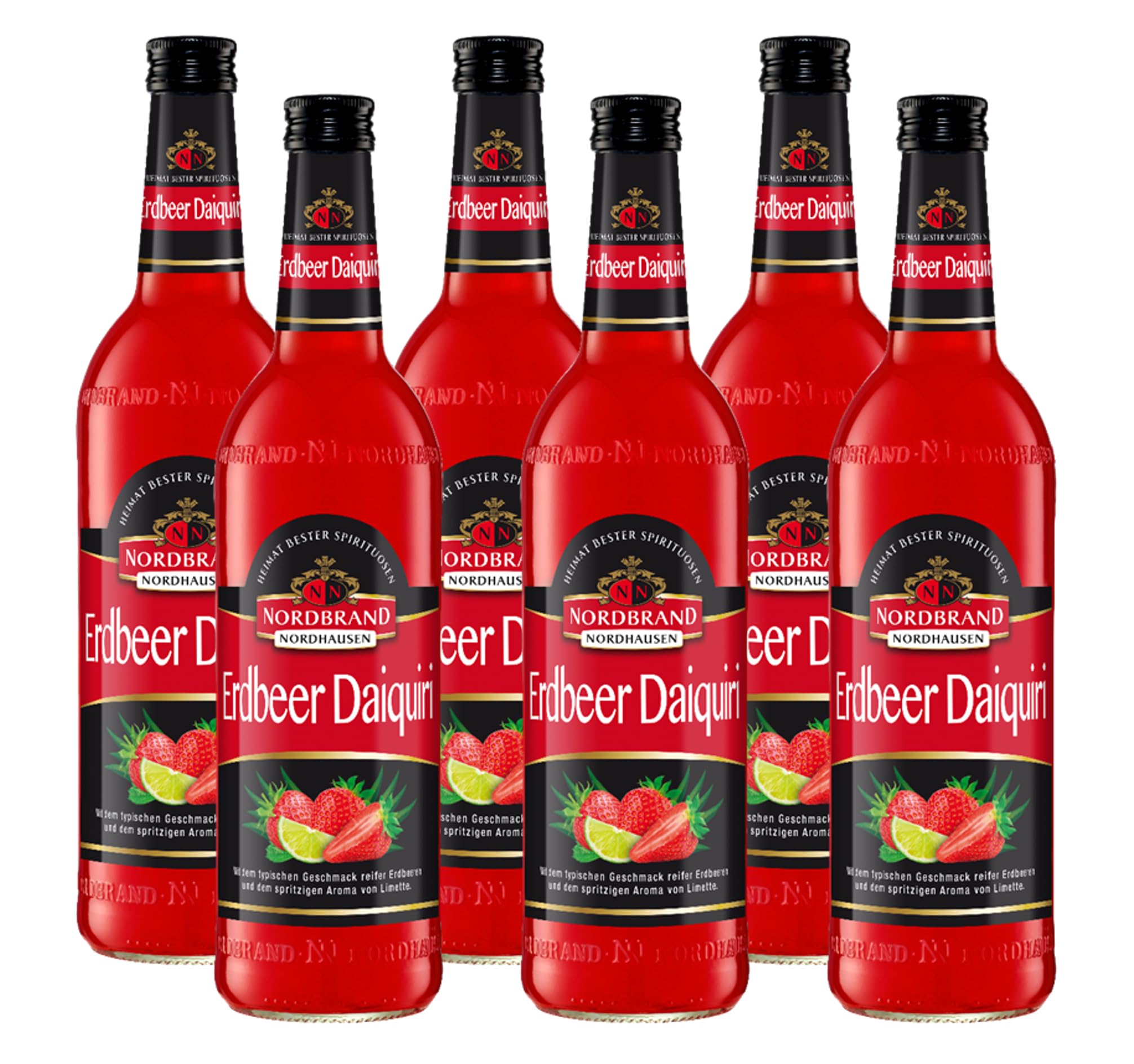 Nordbrand Erdbeer Daiquiri Cocktail – Fertig gemixter Cocktail in der Flasche – Fruchtiger Mix von Erdbeeren und Limette mit 15% vol. (6 x 0,7l)