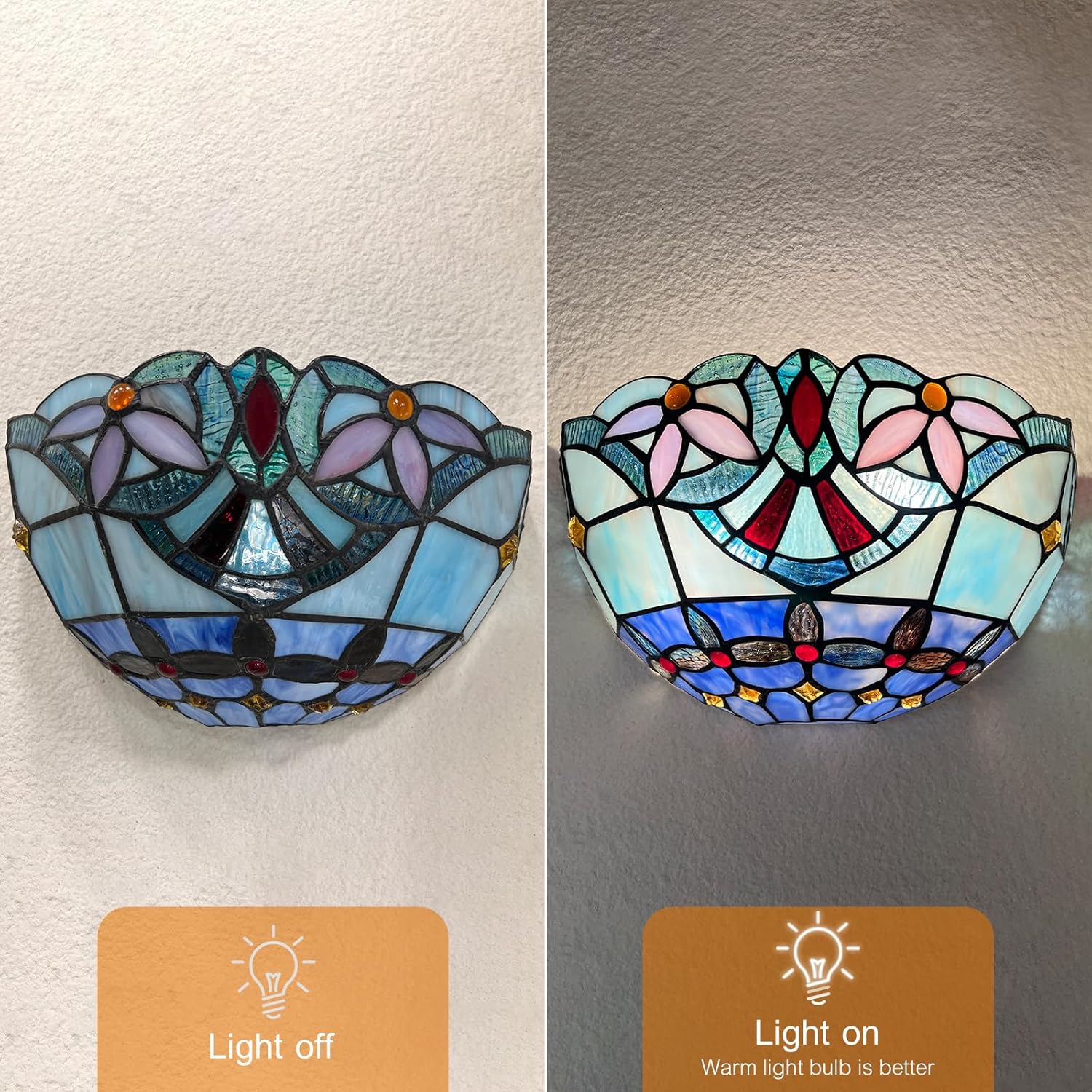 Capulina Tiffany Lamp Stained Glass Wall Sconce 2-Light 12 Inches Wide Light Blue Antique Tiffany Style Wall Light Fixtures for Home Hallway Stairway Bedroom Cinema Bathroom