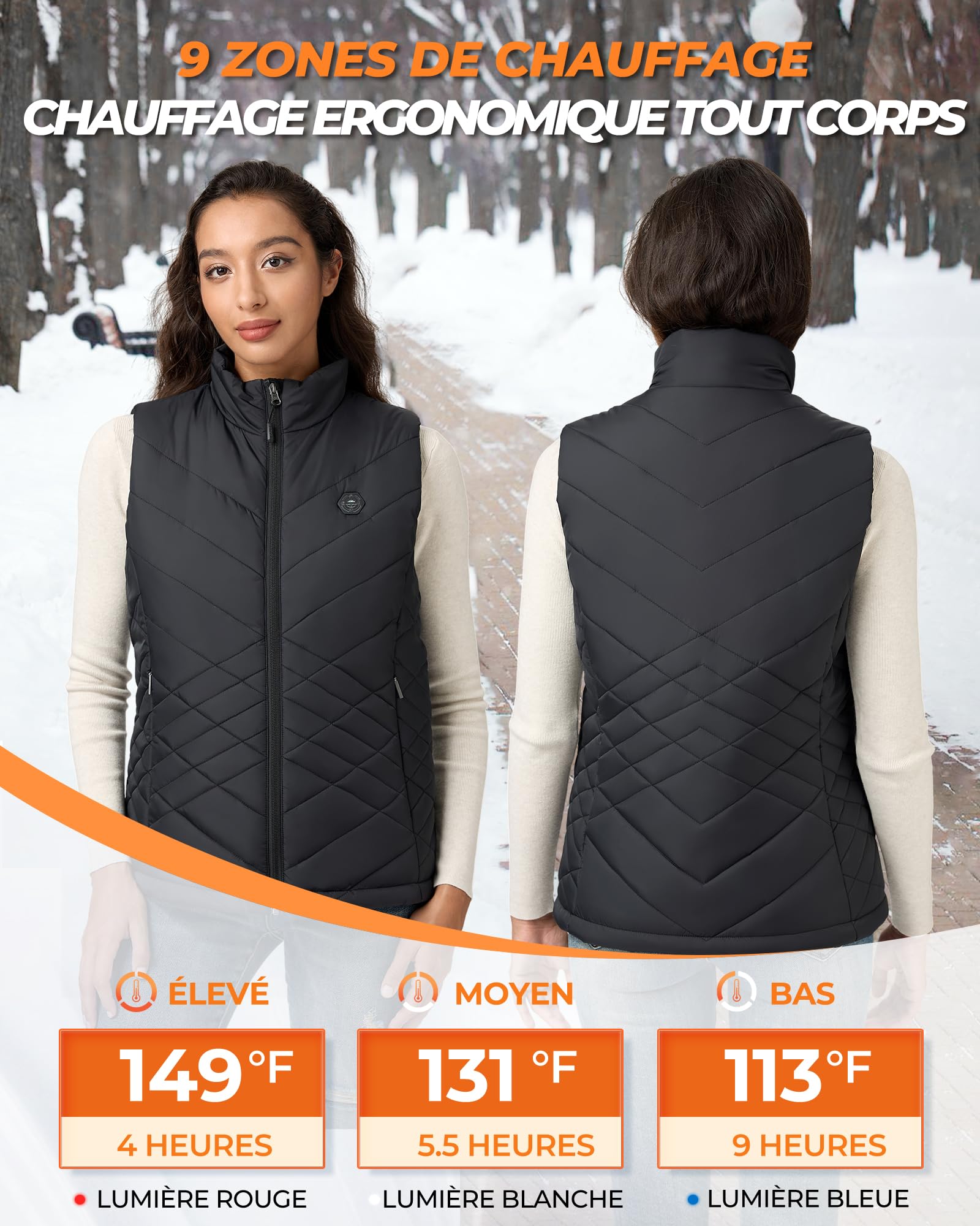 Gilet Chauffant Femme avec Batterie Incluse 16000mAh 7,4V,9 Zones de Chauffage Veste Femme,4 en 1 Interrupteur Intelligent avec Design d'extinction des Lumières,Veste Chauffante pour Plein Air