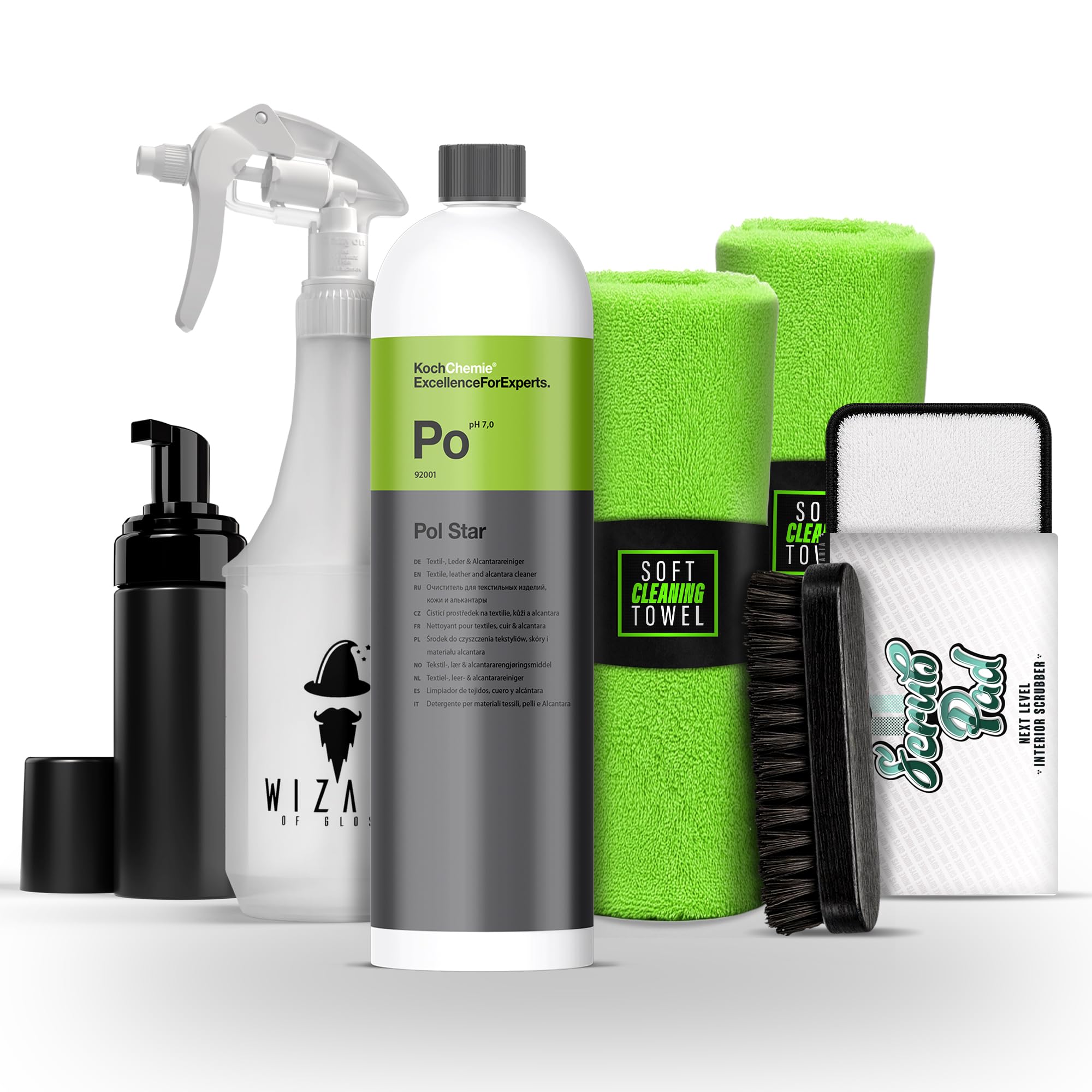 autopflege Koch Chemie Pol Star Kit de nettoyage pour textile et cuir et alcantara 1 l + vaporisateur + distributeur de mousse + tampon de gommage + brosse + 2 chiffons en microfibre | Nettoyant