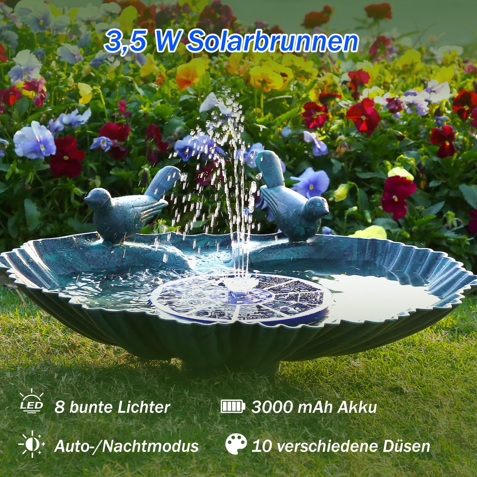AISITIN LED Solarbrunnen für Draussen Verbessert mit 3000mAh, 3,5W Solar Schwimmender Fontäne Pumpe mit Verschiedene Sprüh Effekten, Solar Springbrunnen für Außen mit Blau Glasscheibe für Garten,Teich