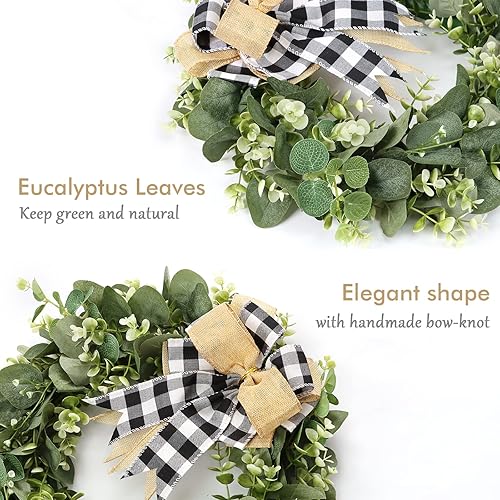 Miniatura 6 de Dremisland Corona de eucalipto artificial de búfalo de 16 pulgadas con lazo a cuadros, corona de primavera verano otoño para puerta delantera,