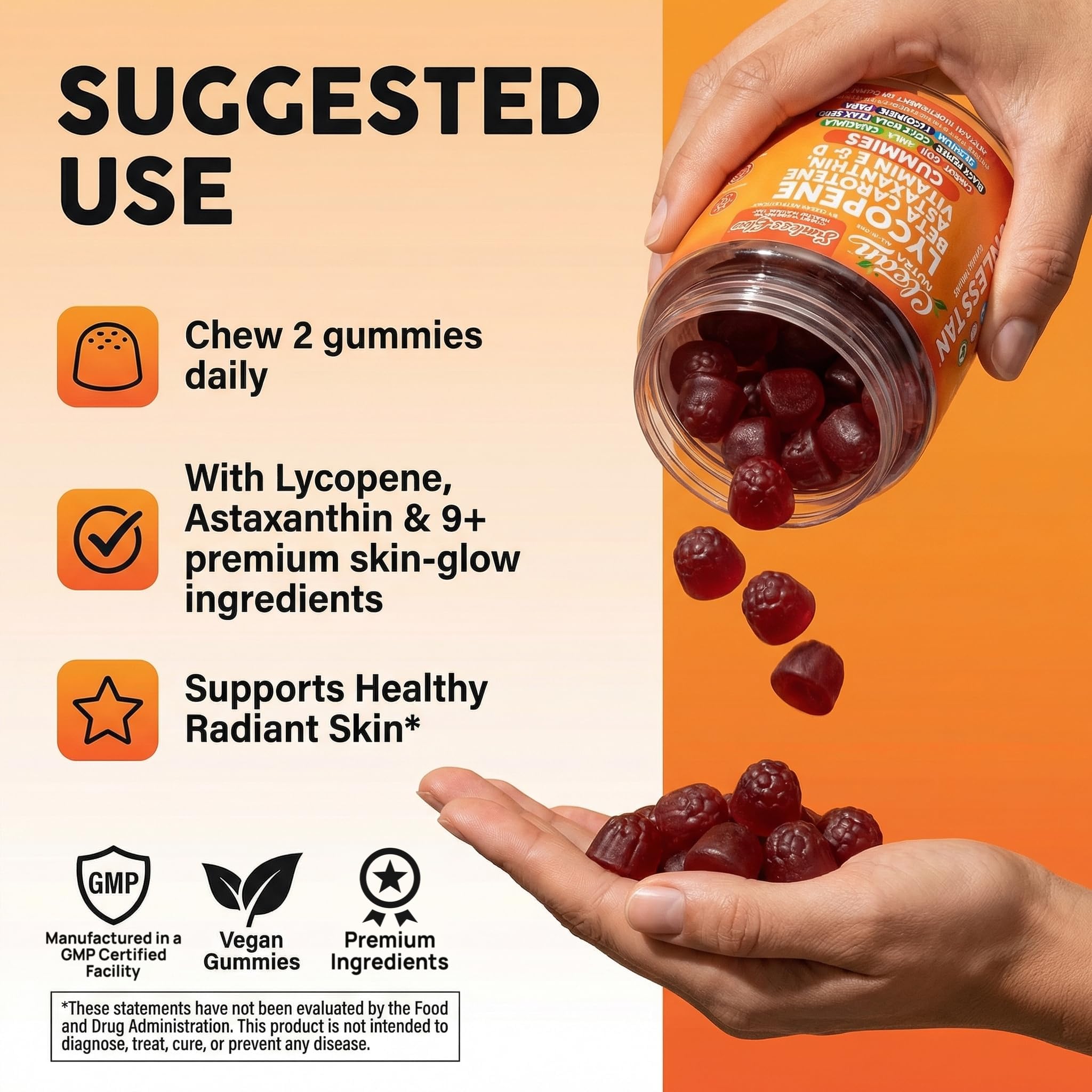 Sunless Glow Lycopene Beta Carotene Tanning Gummies Astaxanthin Vitamin C D E Flax Seed Selenium Amla l Tyrosine PABA Black Pepper 60 Count Strawberry Banana Flavor By Clean Nutra — Amazon image 6
