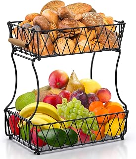 2 Tier Fruit Basket for Kitchen, Tiered Fruit Basket Countertop Organizer, Bread Vegetable Storage Wire Metal Bowl with Banana Hanger Holder Stand, Detachable Counter Decor Black Farmhouse
