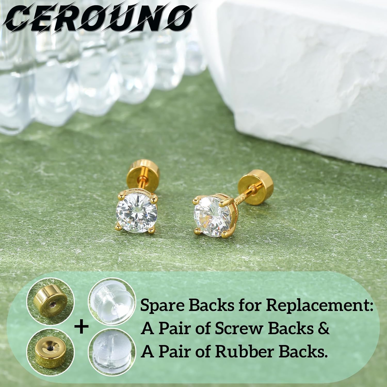 CEROUNO Flat Back Stud Earrings - 925 Sterling Silver Post Flatback Earrings Gold Silver Cubic Zirconia Earrings Studs for Women - Image 3