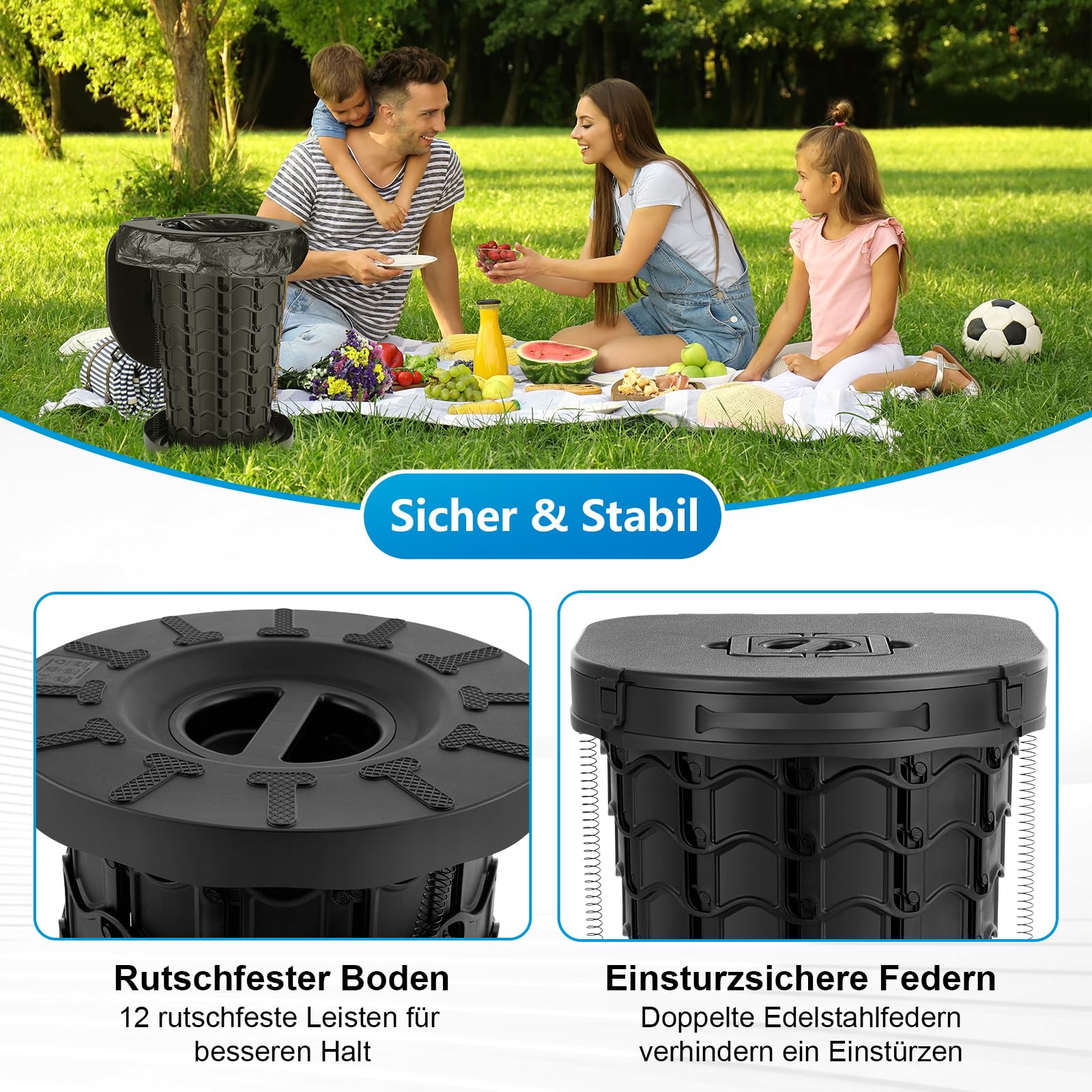 imodomio Campingtoilette Faltbar Camping Toiletten(WC) mit Deckel Mobile Toilette mit 10 Müllsäcke, ideal für Outdoor-Camping, Auto