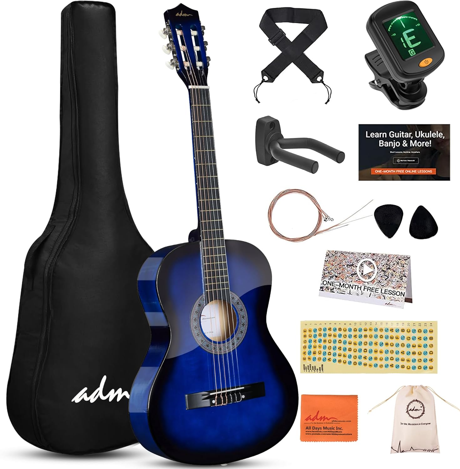 ADM Beginner Acoustic Classical Guitar 38 Inch Nylon Strings Wooden Guitar Bundle Kit for Kid Boy Girl Student Youth Guitarra Online Lessons with Gig Bag, Strap, Tuner, Strings, Blue 38 Inch Blue