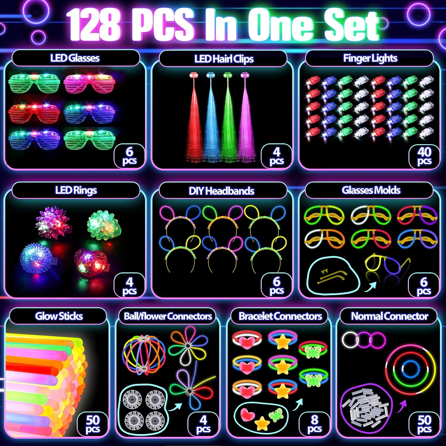 New Years Eve Party Supplies 2026, Glow in the Dark Party Supplies for Kids Adults, 128PCS Light Up Party Favors with LED Glasses, LED Hair Clips,Finger Lights, Rings, Glow Sticks Molds for Raves