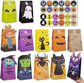 Halloween Treat Bags, 30 PCS Halloween Candy Paper Bags 12 Styles Individual Halloween Trick or Treat Goodie Bags, Mini Halloween Paper Bags for Treats Snacks, Halloween Party Favor Supplies