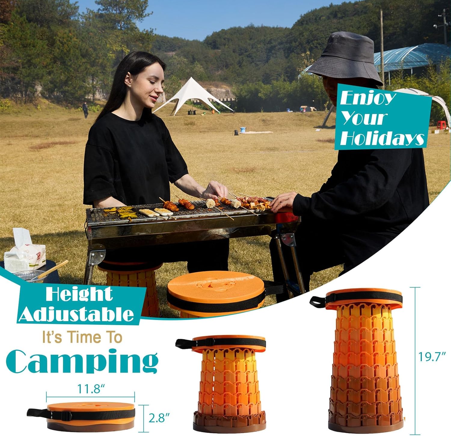 Spisces Upgraded Collapsible Stool with Cushion, 1000 lbs Capacity & 19.7-in High, Wider & Taller Heavy Duty Portable Telescoping Foldable Seat for Adults Camping, Travel, Music Festivals, Outdoors