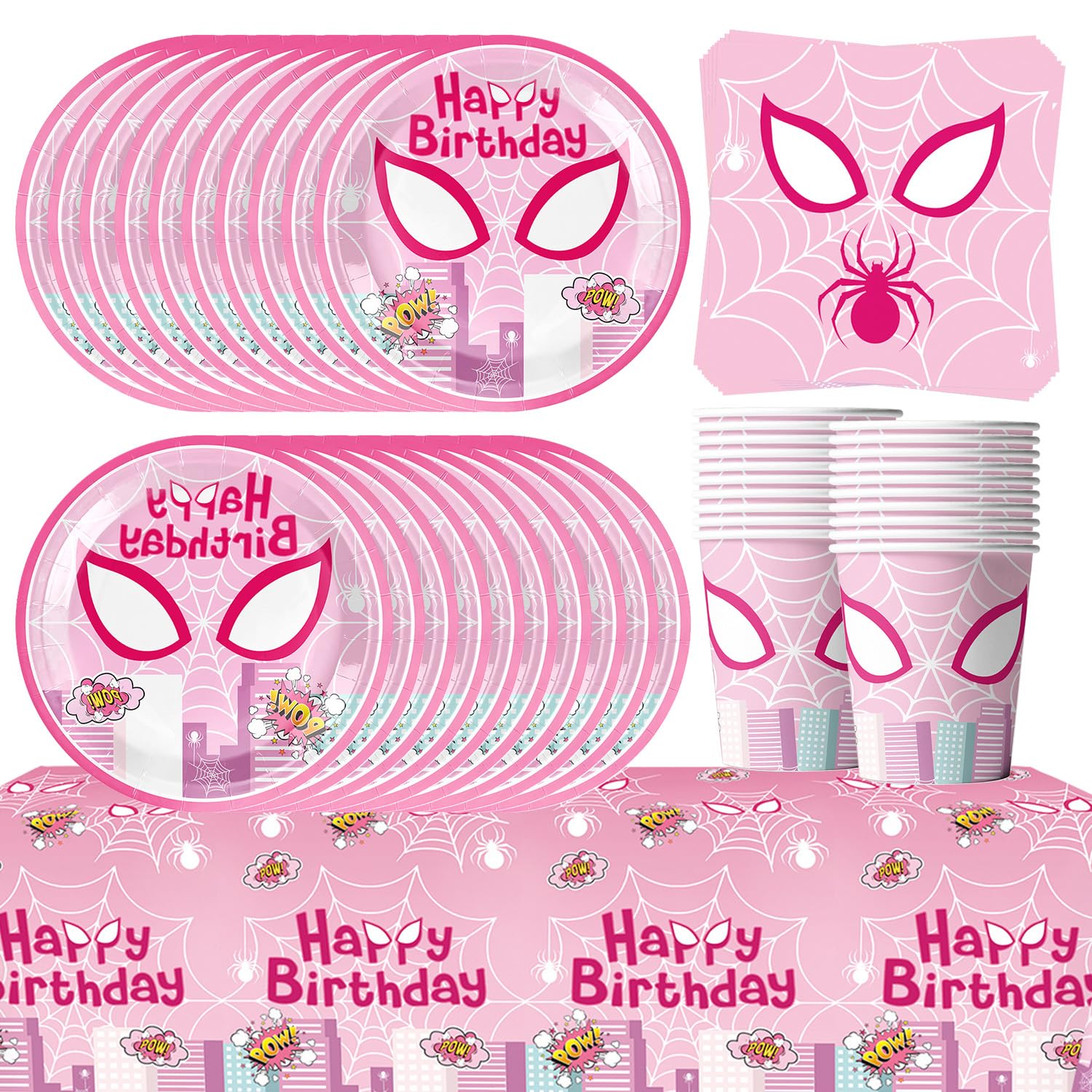 61Pcs Pink Spider Party Tableware Set, Supergirl Heroes Party Decorations, Kids Party Decorations, City Heroes Paper Plates, Cups, Napkins and Tablecloths (20 Guests)