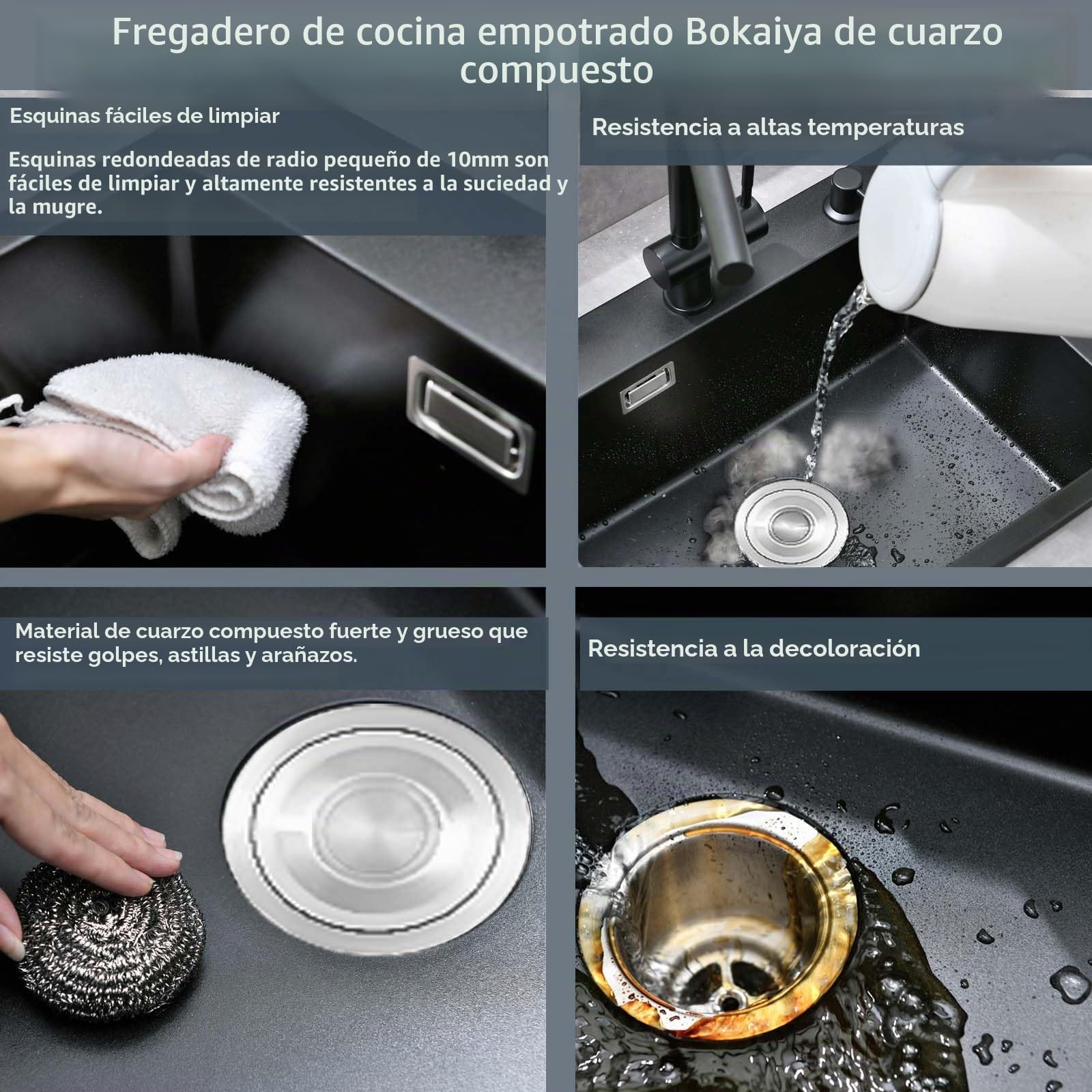 Fregadero de granito negro 50x45cm, fregadero negro, fregadero de cocina rectangular, moderna instalación empotrada de granito, lavabo de cocina, fregadero de cocina pequeño, lavabo individual con 2