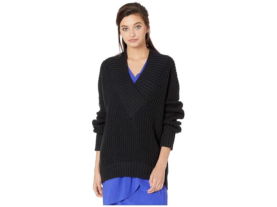 

NeverEven Chunky Waffle Stitch V-Neck Sweater (Caviar) Women's Sweater