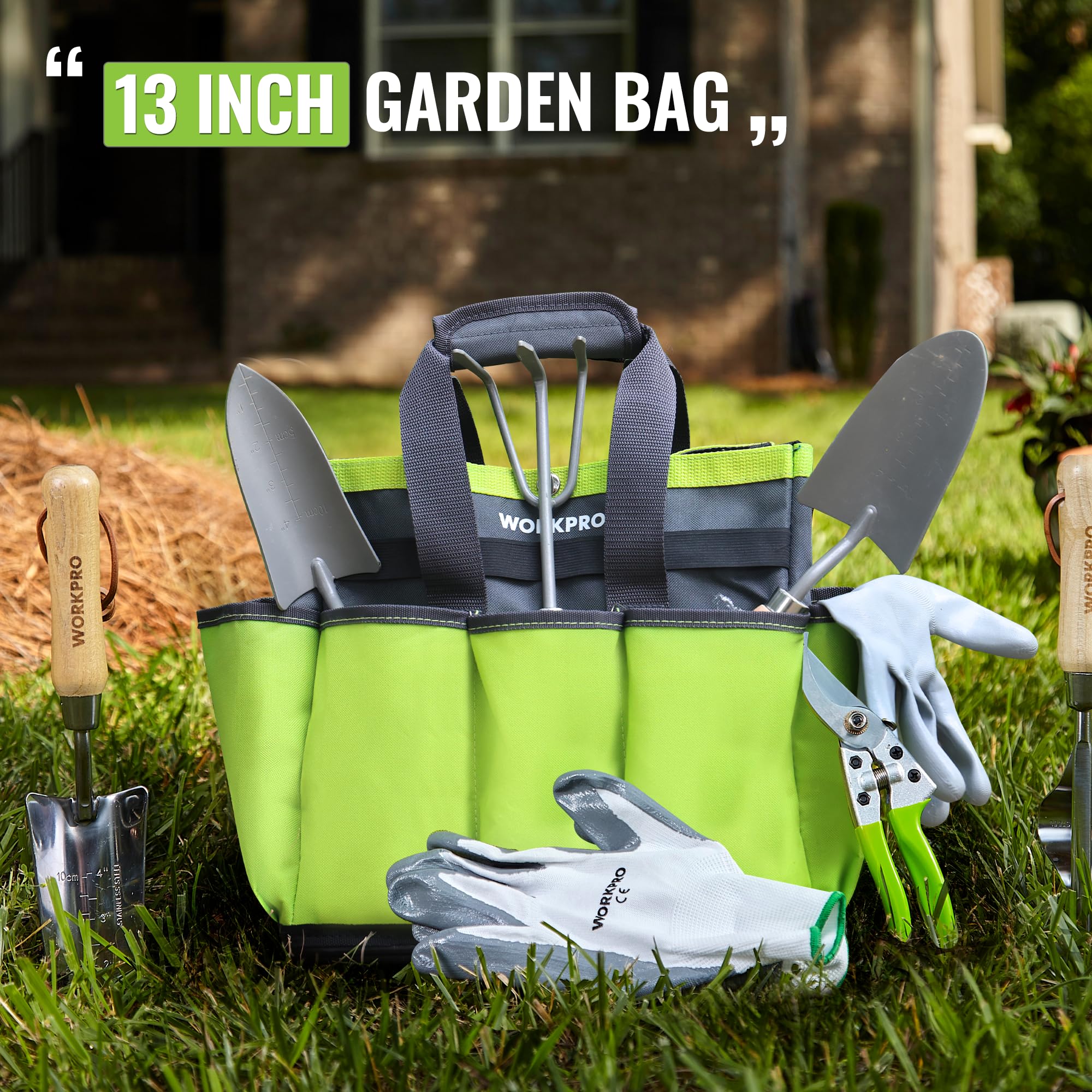 Bolsa de herramientas de jardín con base de plástico impermeable, bolsa de jardinería de 8 bolsillos, organizador de jardín Oxford resistente, soporte para kit de herramientas de jardinería 7