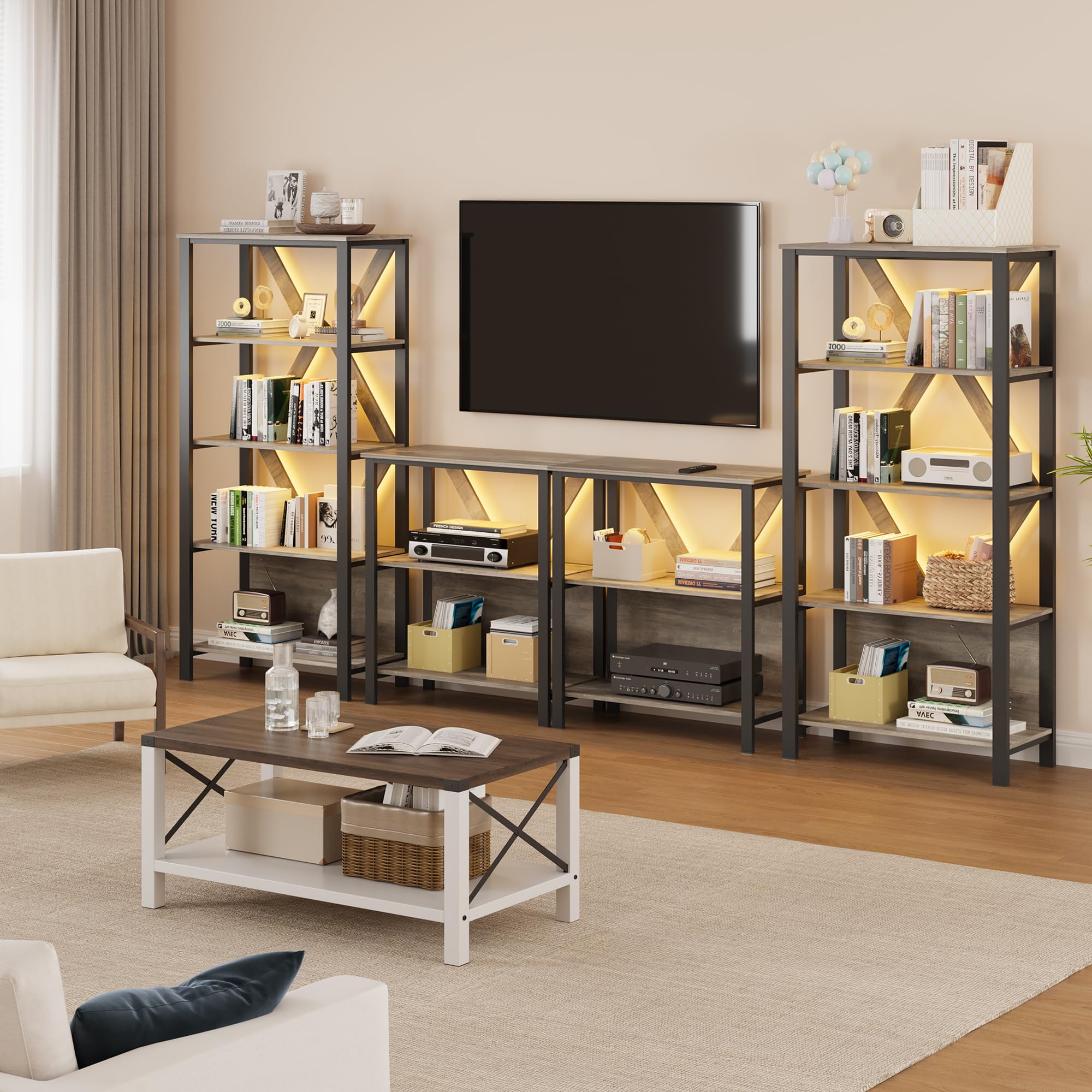 GarveeHome LED-Bücherregal 5 Ebenen Holz Metall RGB Licht Grau