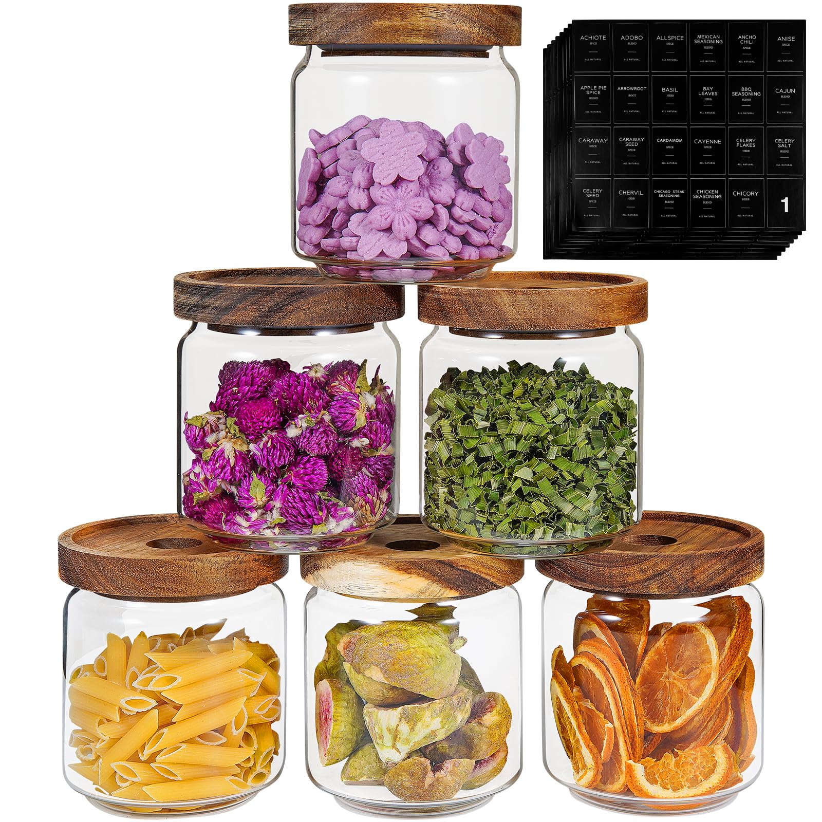 Kleine Glasdosen mit Etiketten, Gewürzdose, rund, mit Holzdeckel, klares Glas, Lebensmittelglas für Speisekammer, Zucker, Tee, Kaffee, Bohnen, Gewürze, Nüsse, Kekse, Badesalz (6 x 420 ml)