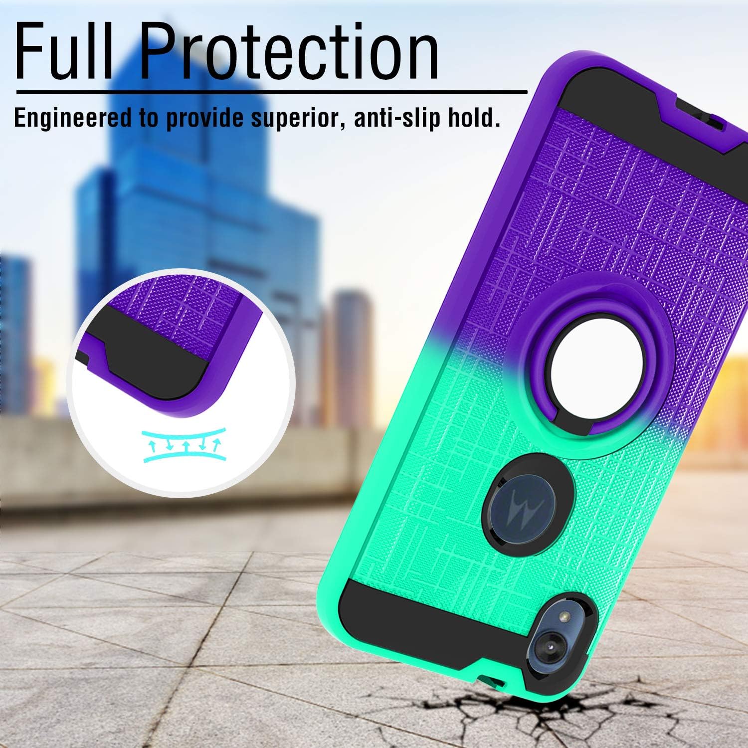 ATUMP Moto E6 Case, Moto E6 Phone Case with HD Screen Protector, 360 Degree Rotating Ring Holder Kickstand Bracket Cover Phone Case for Motolora Moto E6 Mint/Purple