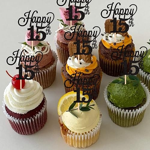 Miniatura 6 de Paquete de 24 adornos para cupcakes con purpurina número 15, quince cumpleaños, decoración para cupcakes de cumpleaños 15, suministros de fiesta