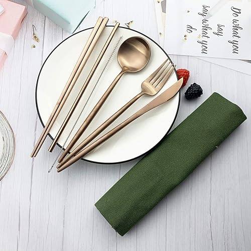 Miniatura 9 de JASHII Juego de cubiertos de viaje de acero inoxidable, tenedor, cuchara, cuchillo, pajilla, cubiertos reutilizables con estuche, juego de