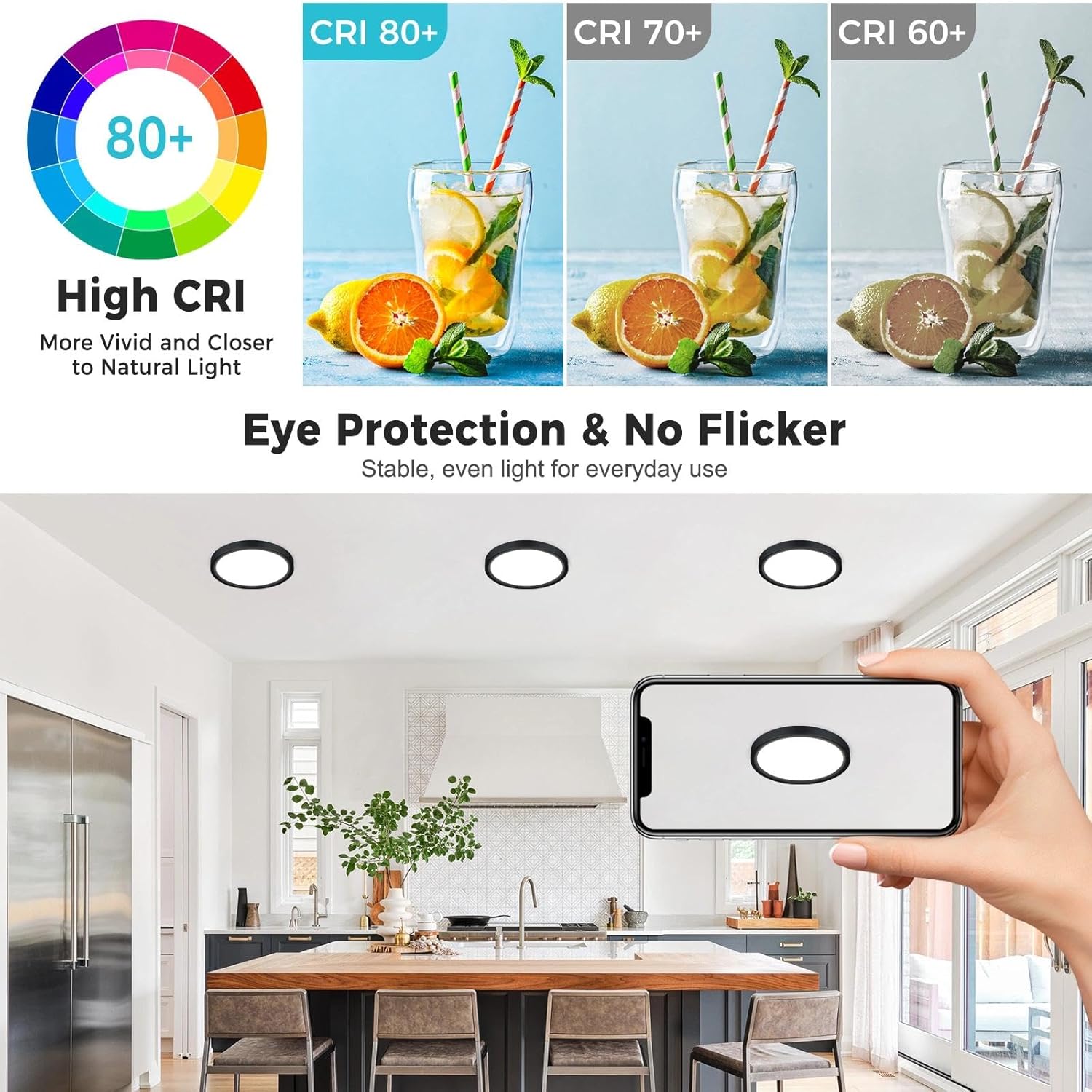 libtit 2Pack 7inch LED Flush Mount Ceiling Light, Dimmable & 5Color Temperatures (3000K-6500K), 15W Round Slim Black Light Fixture for Closet Hallway Kitchen Bathroom Laundry