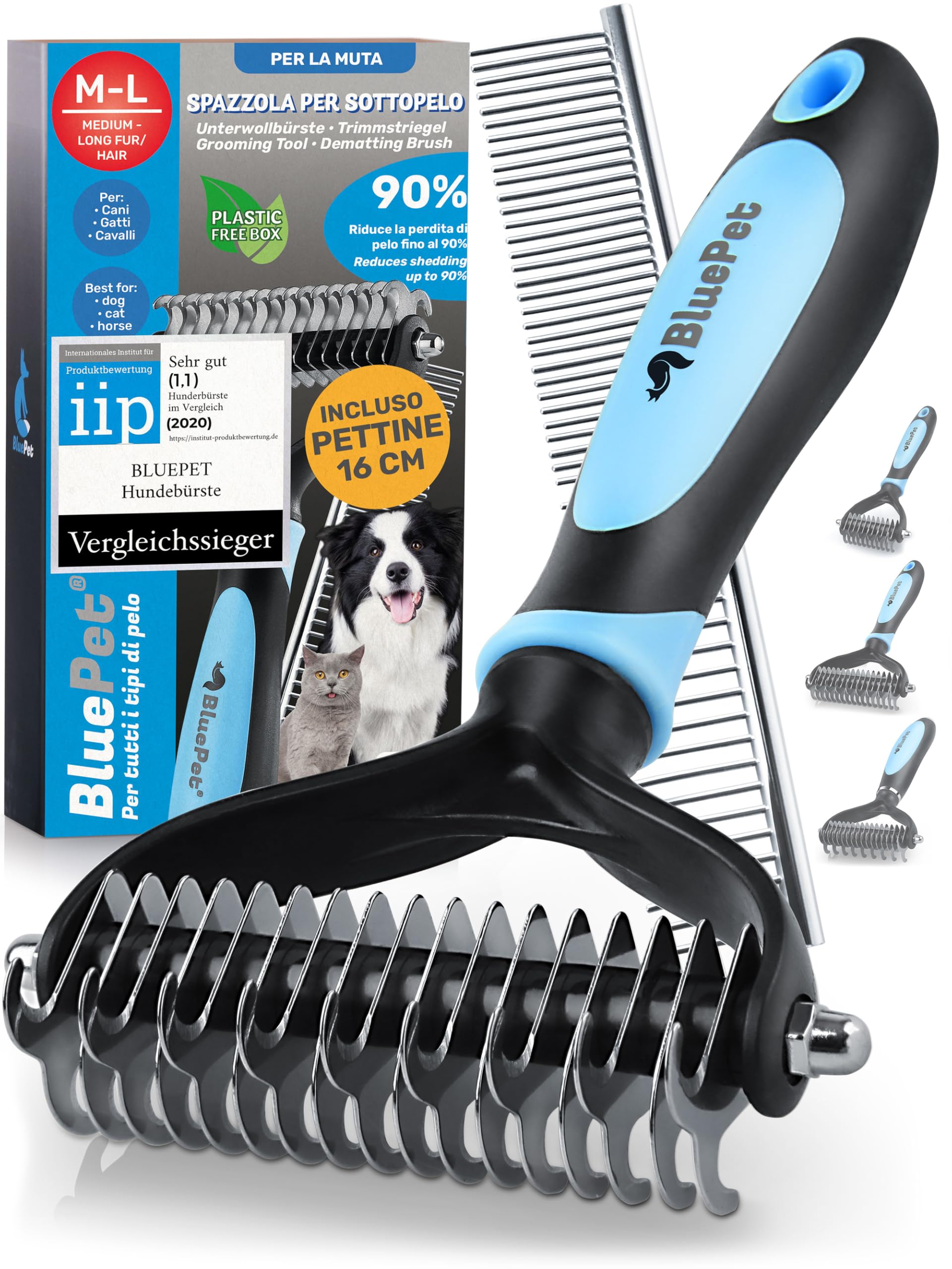 BluePet Spazzola per Cani e Gatto a Pelo Lungo e Medio, Pettine Cane e Gatti, Cardatore Sottopelo, Spazzole Doppia Faccia (Pìu venduto M-L Cani Blu)