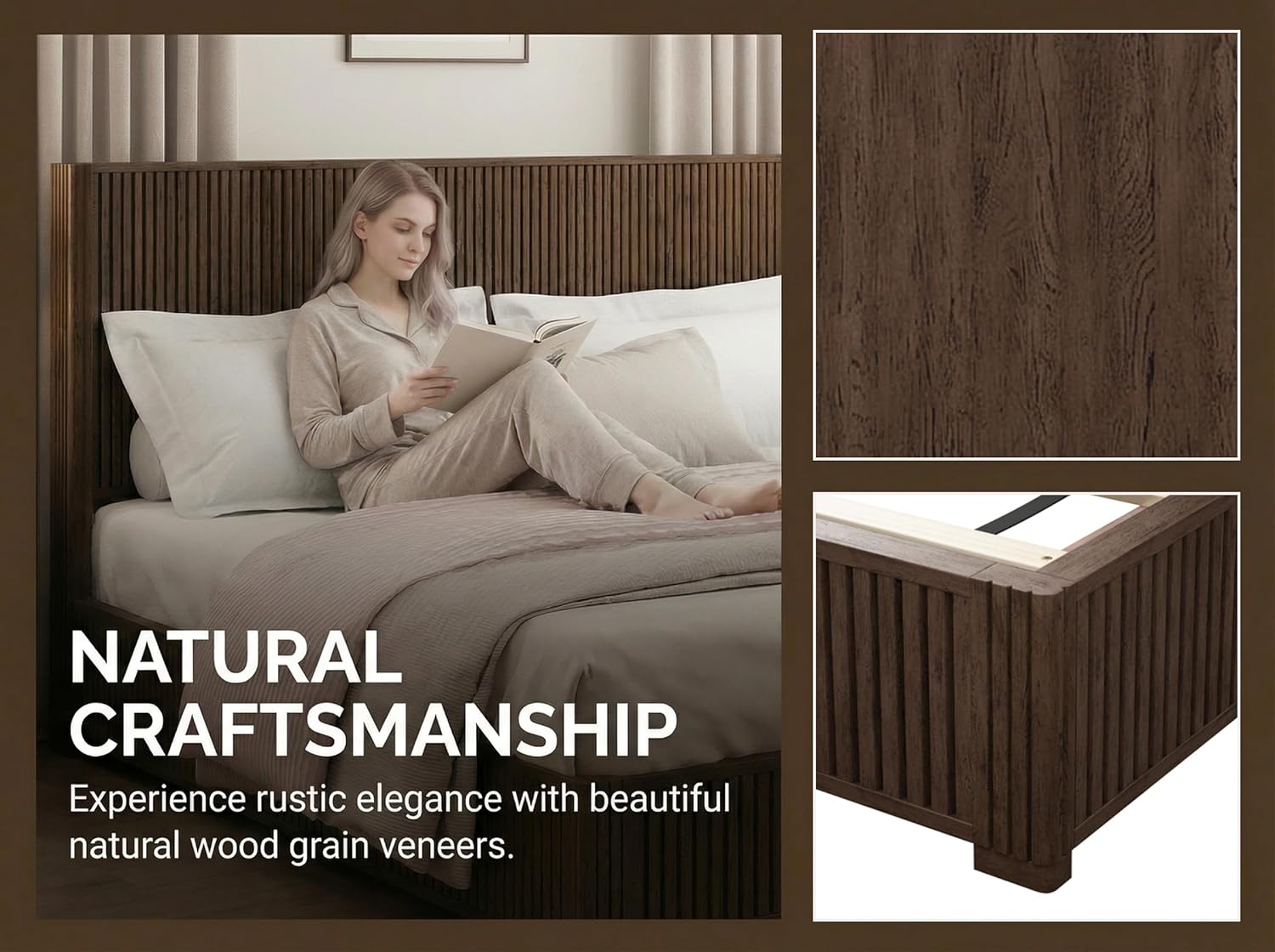 Fluted Queen Size Bed Frame with High Wingback Headboard, Mid Century Modern Wooden Platform Bed Frame, Retro Bedframe with Fluted Design, No Box Spring Needed, Easy Assembly, Walnut