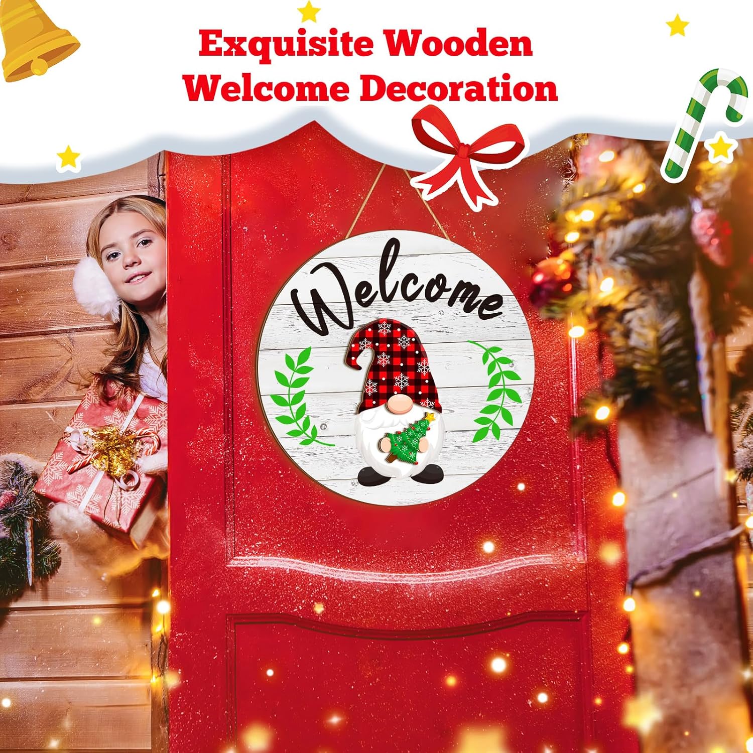 Riceshoot 41 Pcs Interchangeable Gnome Welcome Sign Christmas Door Decorations Seasonal Gnome Front Porch Door Decor 40 Changeable Icons Wooden Hanger with Magnet Holiday Wreath Housewarming Home Gift - Image 6