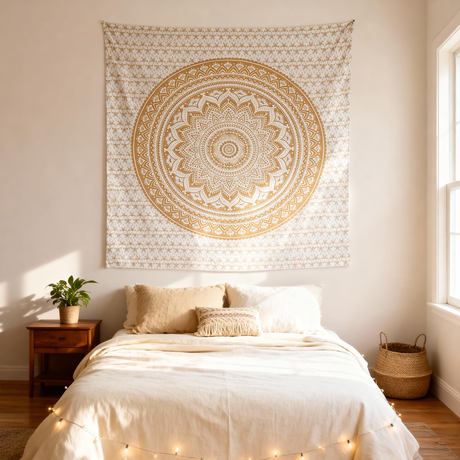 FURNISHFUL FINESSE White Gold Tapestry for Bedroom, Ombre Boho Bohemian Tapestries Hippie Indian Mandala Wall Hanging Tapestry for Living Room, Dorm Decor, Bedspread, Meditation and Yoga Mat - 54X84