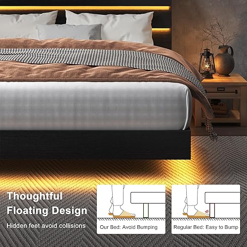 Miniatura 5 de Feonase Base de cama flotante tamaño Queen con luces LED y estación de carga, base de cama de madera tamaño Queen con cabecero de almacenamiento,