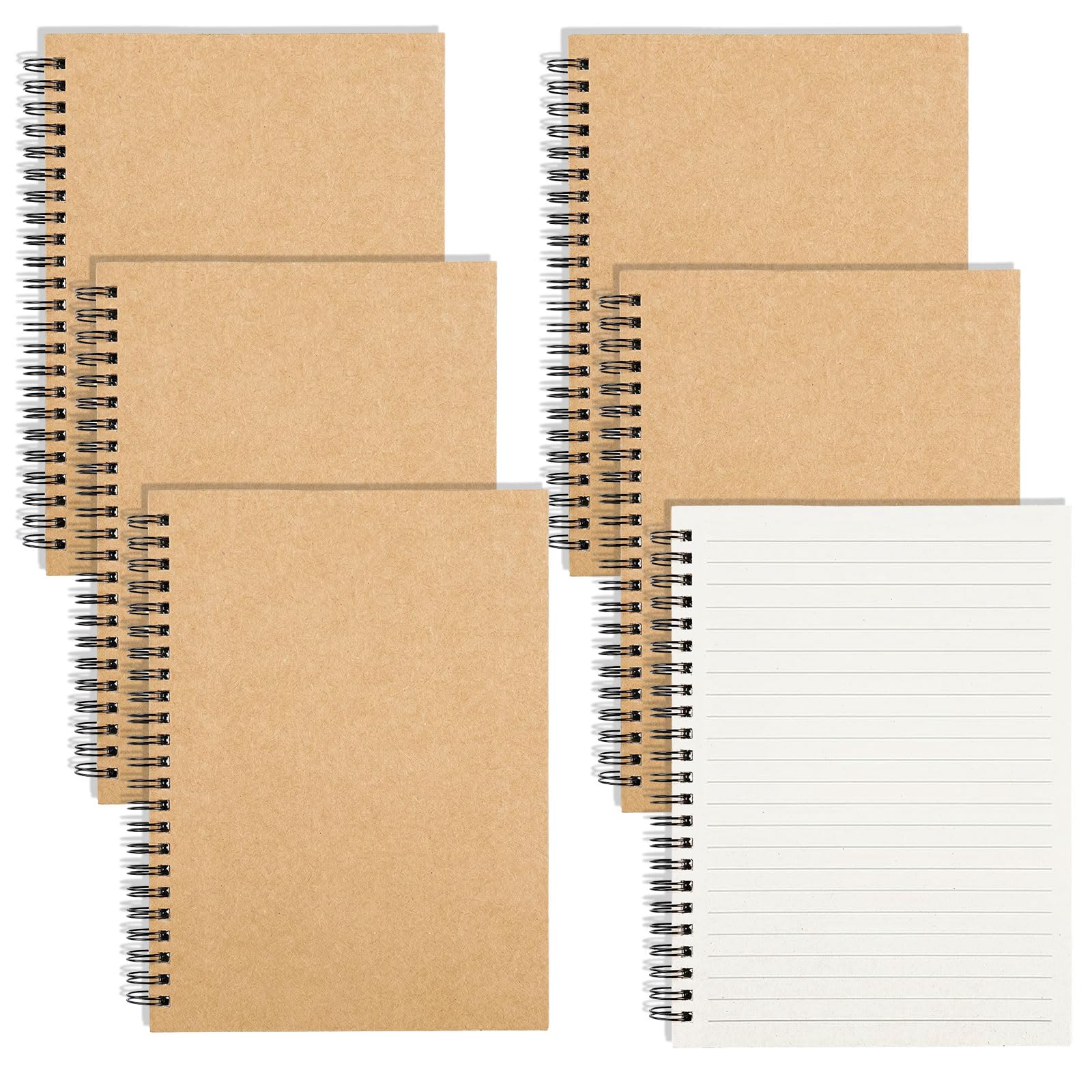6 Pack A6 Ruled Spiral Notebooks, 100 Pages/ 50 Sheets, 10 X 14CM, Spiral Notepad, Mini Kraft Cover Wirebound Notepads, A6 Note pads for Journaling, Notes, School & Office, Portable Pocket Notebooks