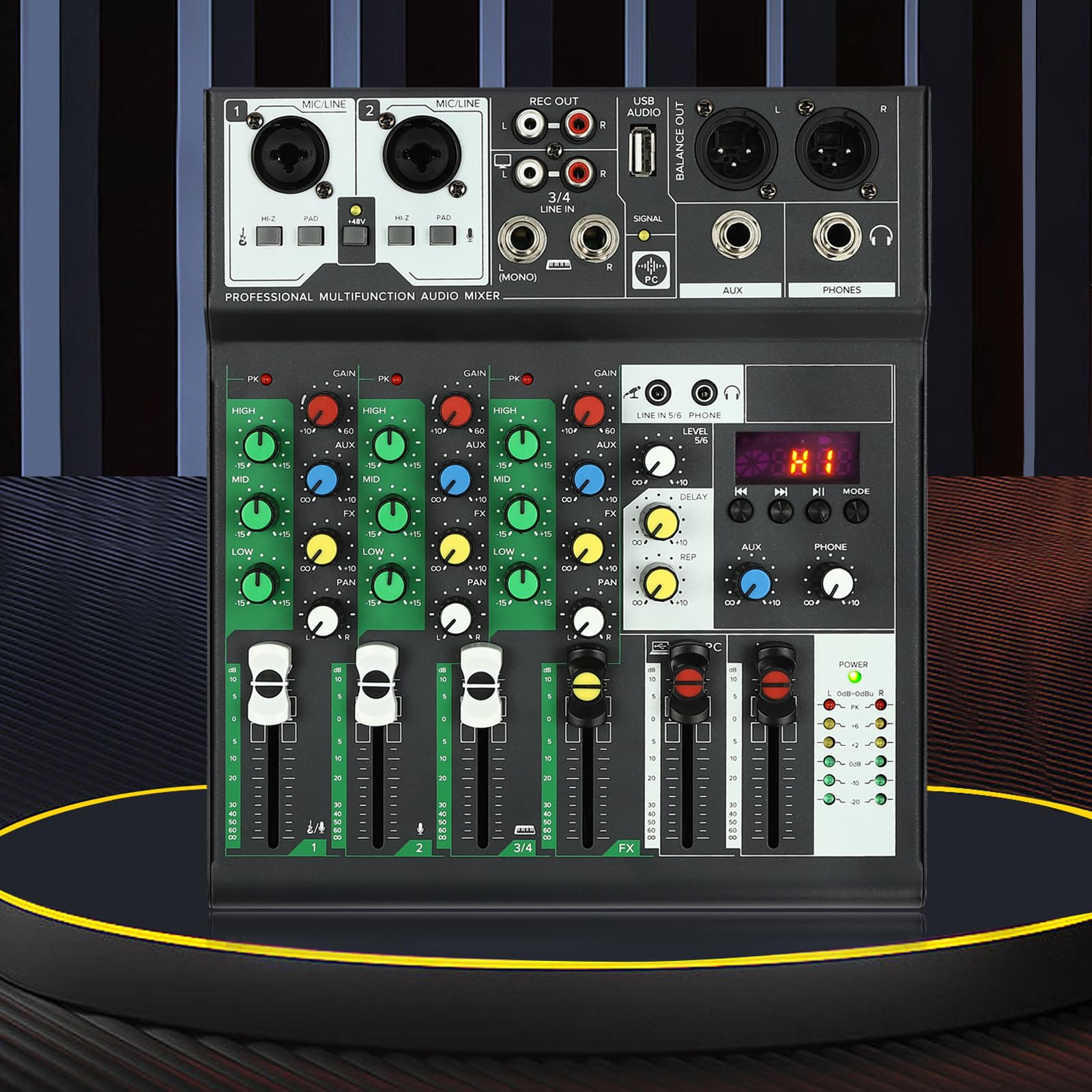 Mixer DJ a 4 canali con Bluetooth, USB e alimentazione phantom da 48 V, interfaccia audio compatta con 4 effetti sonori (High/Mid/Low/Reverb), mixer per studio domestico, spettacoli dal vivo, podcast