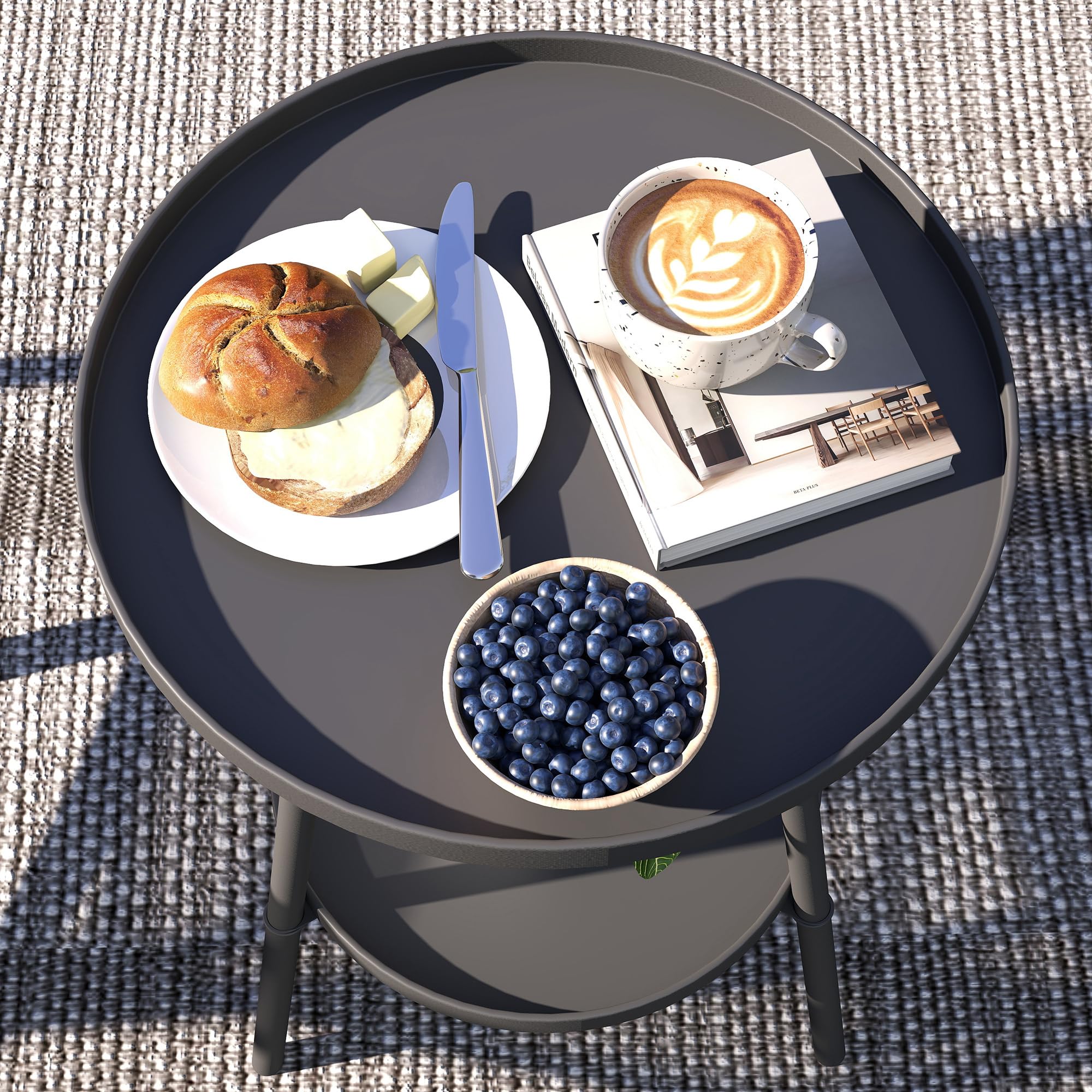 Outsunny Mesa de Jardín Redonda de 2 Niveles Mesa de Terraza Exterior Ø32x51 cm con Bandeja Inferior y Estructura de Metal para Exterior e Interior Negro