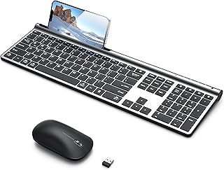 CHESONA Wireless Keyboard and Mouse Combo, Bluetooth Rechargeable Full Size Multi-Device (Bluetooth 5.0+3.0+2.4G) Wireless Keyboard Mouse Combo for Mac OS, iPad OS, iOS, Windows, Android, Silver Black
