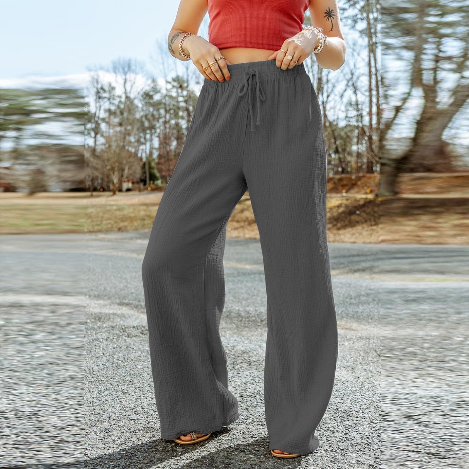 eoeioa Hose mit weitem Bein für Damen, elegante Knopfleiste, hohe Taille, Business-Hose, Sommer, Freizeit, Arbeit, Strand, Hose mit Tasche