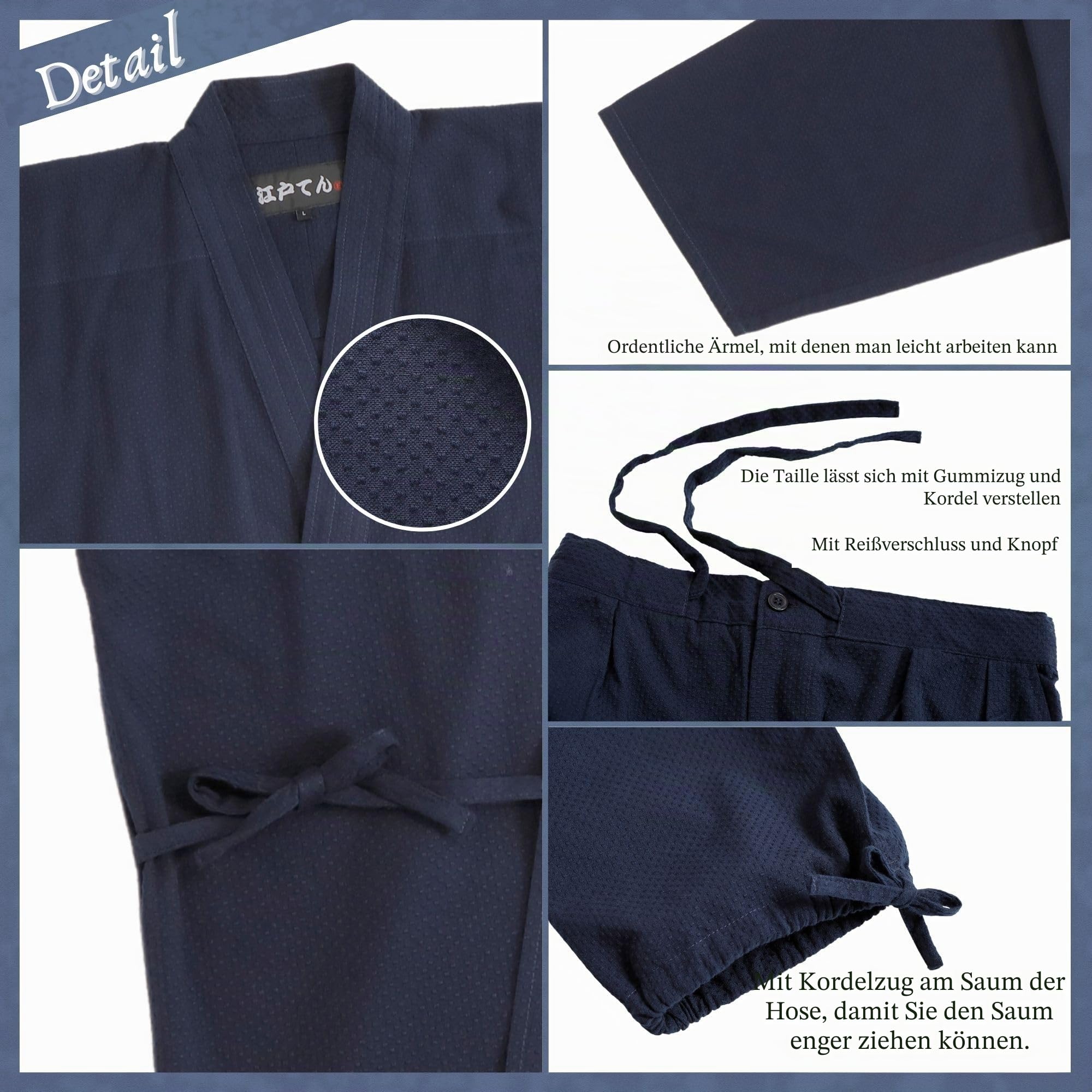 Edoten Herren Japan Kimono Steppkleidung Sashiko Samue, dunkel, marineblau, Large