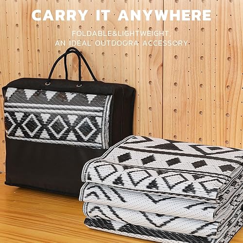 Miniatura 8 de Alfombra de exterior de 9 x 12 pies, geométrica para exteriores, impermeable, alfombra de paja de plástico, reversible, para campamento, patio,