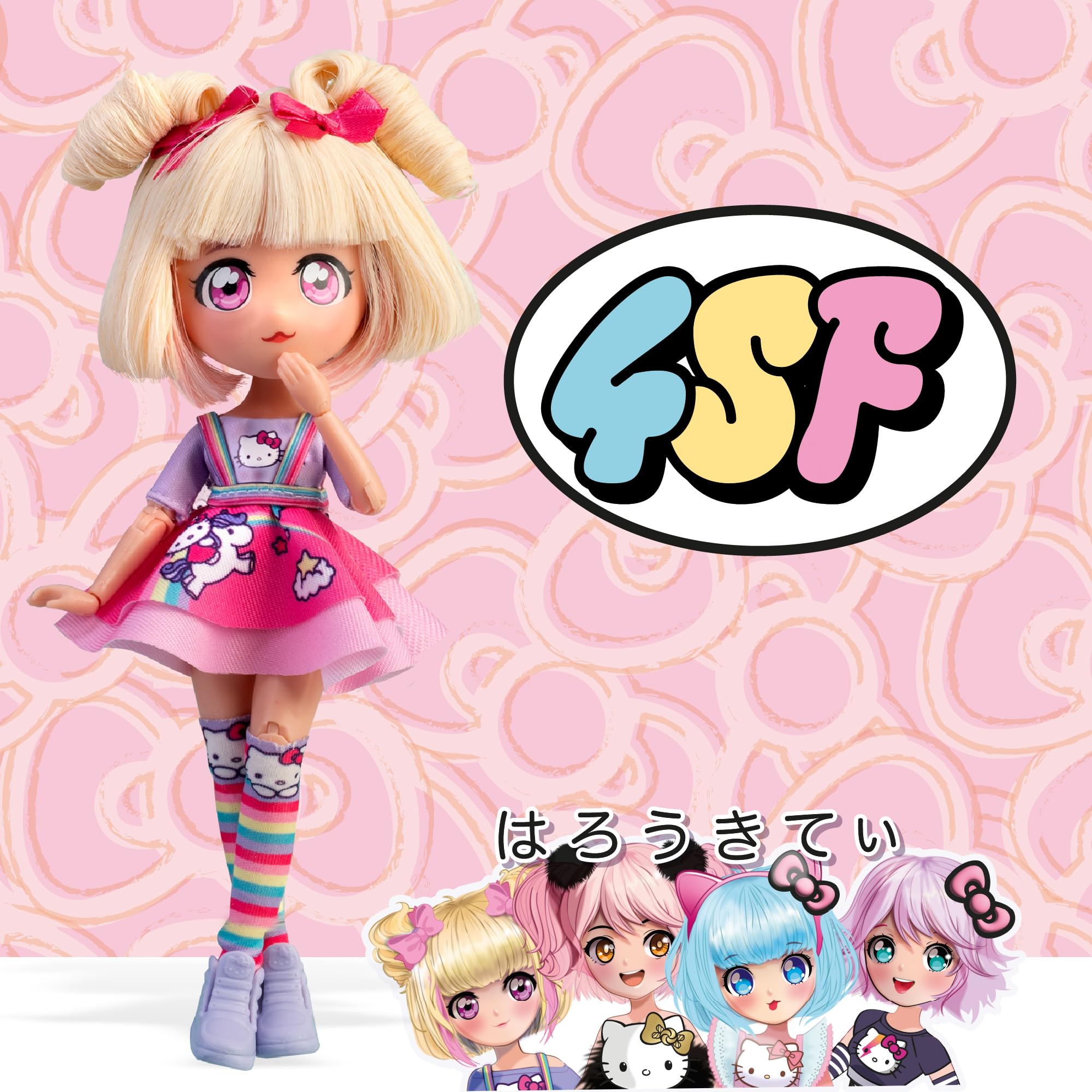 4SF - Hello Kitty Manga Doll Candy Unicorn, Muñeca Fashion Japonesa con Looks a la Moda Manga, Figura de 19,5 cm con 15 Puntos de Articulación, Pelo Rubio, Accesorios Incluidos, Famosa (HKTF0400)