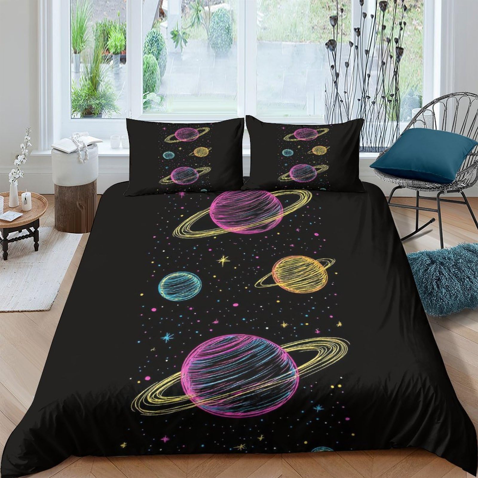 GPLZQXKJNH 3D Printed Planet Saturn Duvet Cover Microfiber Soft Breathable Cosmic Solar System Bedding Set with 2 Pillowcases for Bedroom Decor Single（135x200cm）