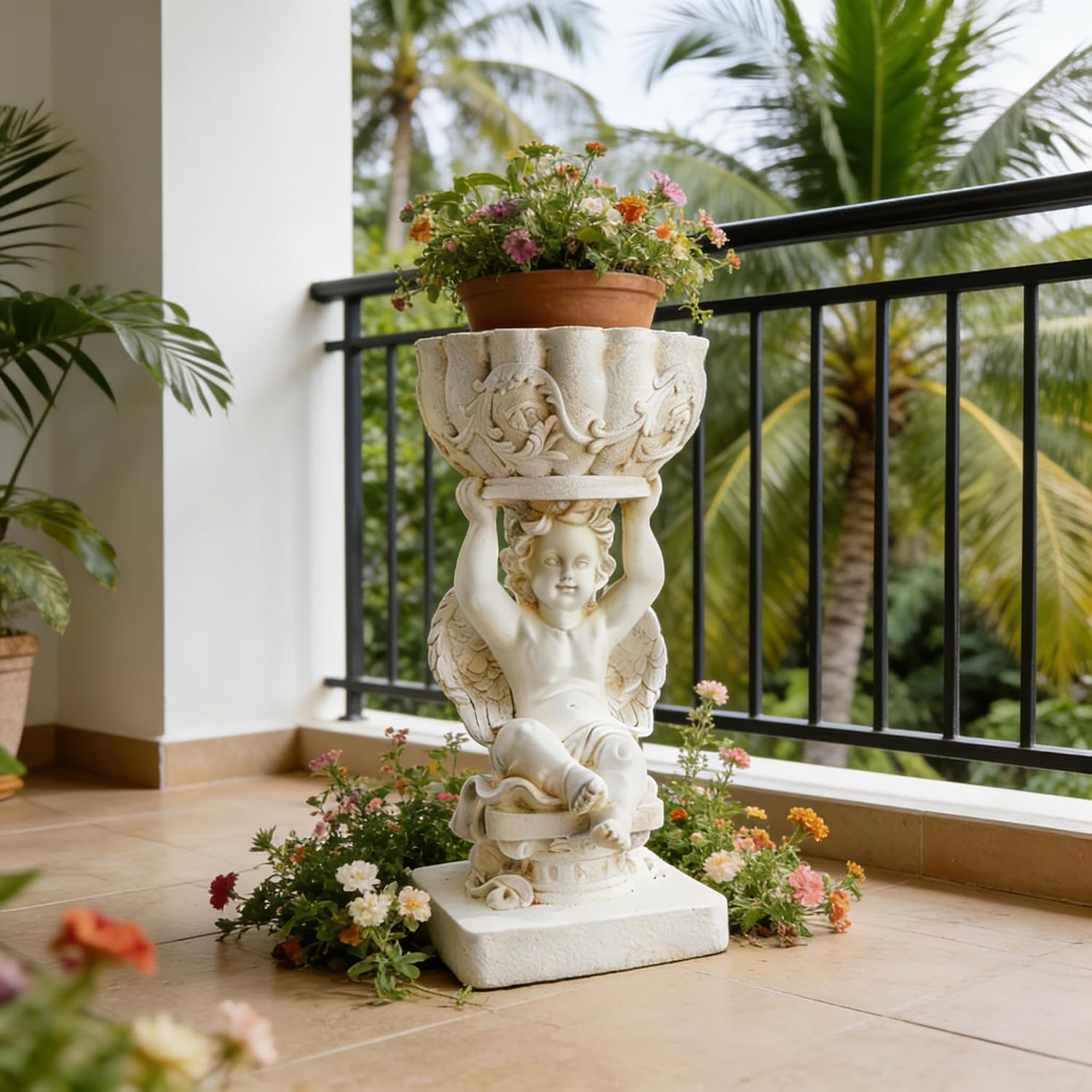 Vintage Angel Column Resin Base with Scrollwork & Angel Motifs - Standing Pedestal, Indoor/Outdoor Decor for Porch, Terrace, Festival Gift