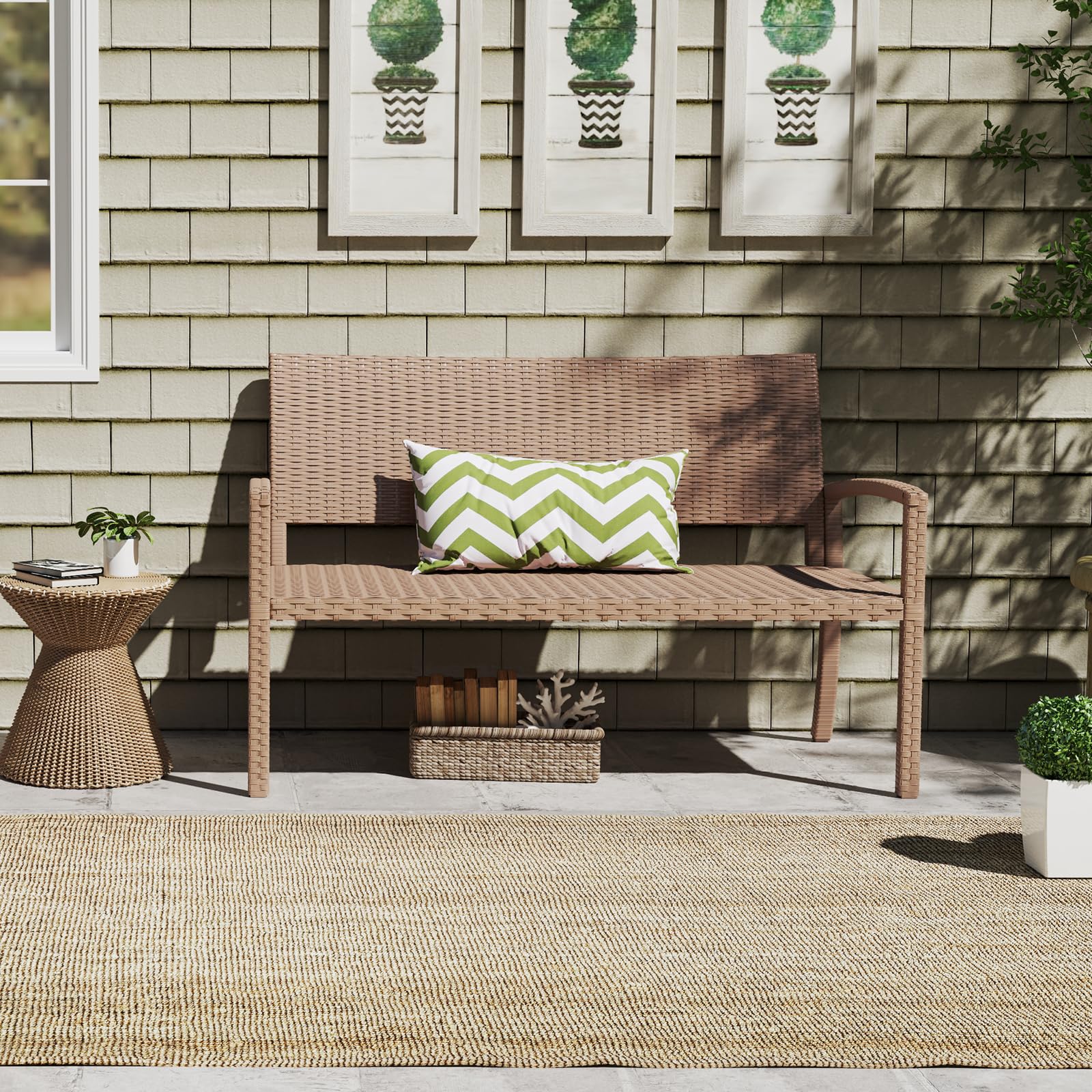 UDPATIO Gartenbank Wetterfest aus Polyrattan, Rattan Sitzbank Outdoor, Terrassenbank mit Armlehnen & Rückenlehne, Balkon Bank 320kg belastbar für Garten, Terrasse, Beige
