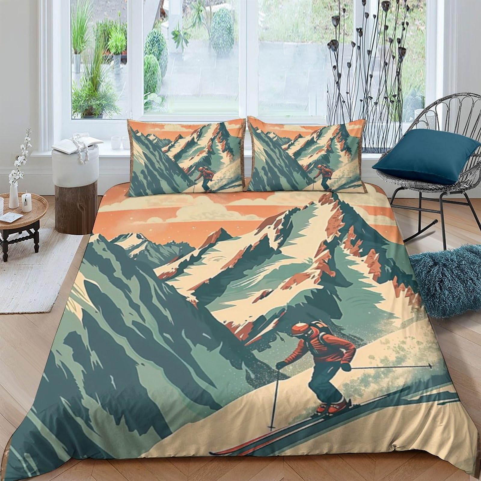 Ctjqhvkz Style-2 3D Printed Mountain Landscape Fitted Sheet Microfiber Soft Breathable Ski Adventure Bed Cover For Bedroom Dorm Decor Single（135X200cm）