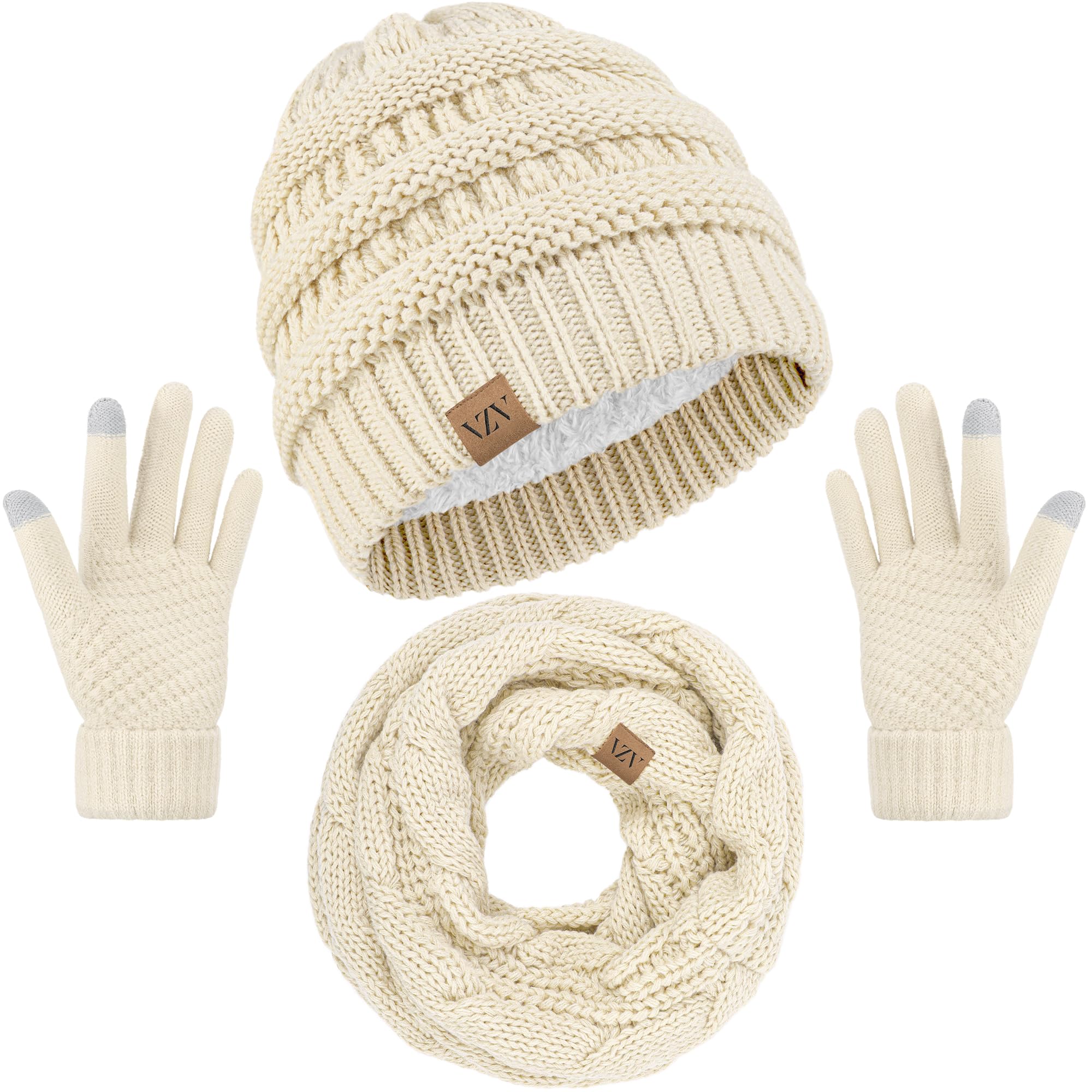 VZV Winter Set für Damen, Strickmütze mit Schal und Touchscreen-Handschuhe, Warmer Halswärmer, Schwarz