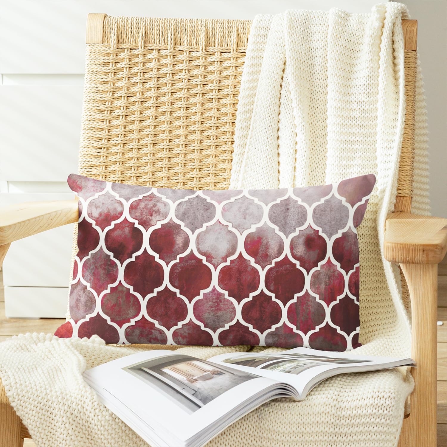CaliTime Pack of 2 Cozy Bolster Pillow Cases Covers for Couch Bed Sofa Manual Hand Painted Colorful Geometric Trellis Chain Print 30cm x 50cm Main Grey Red Burgundy - Image 4
